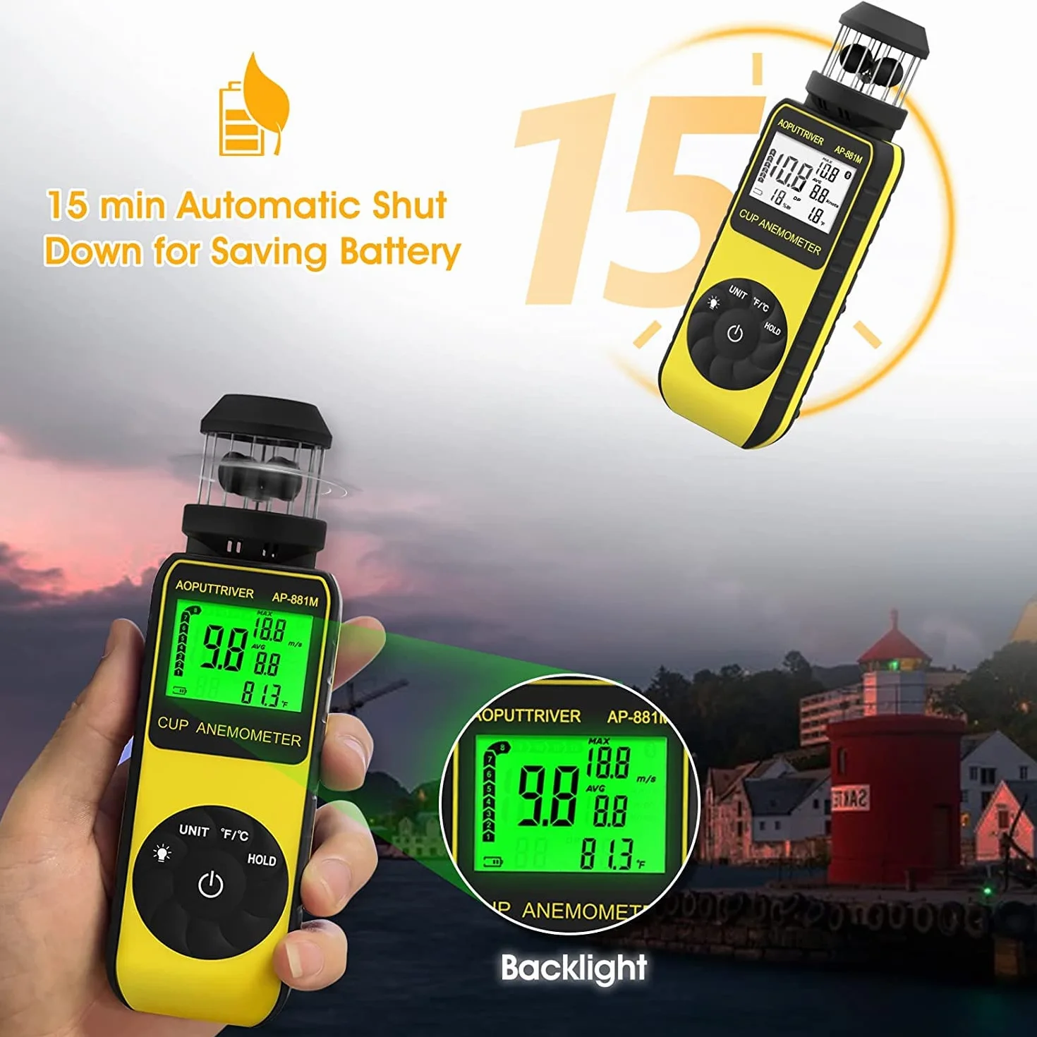 Anemómetro digital AP-881M Medidor de velocidad del viento portátil 360° Brújula
