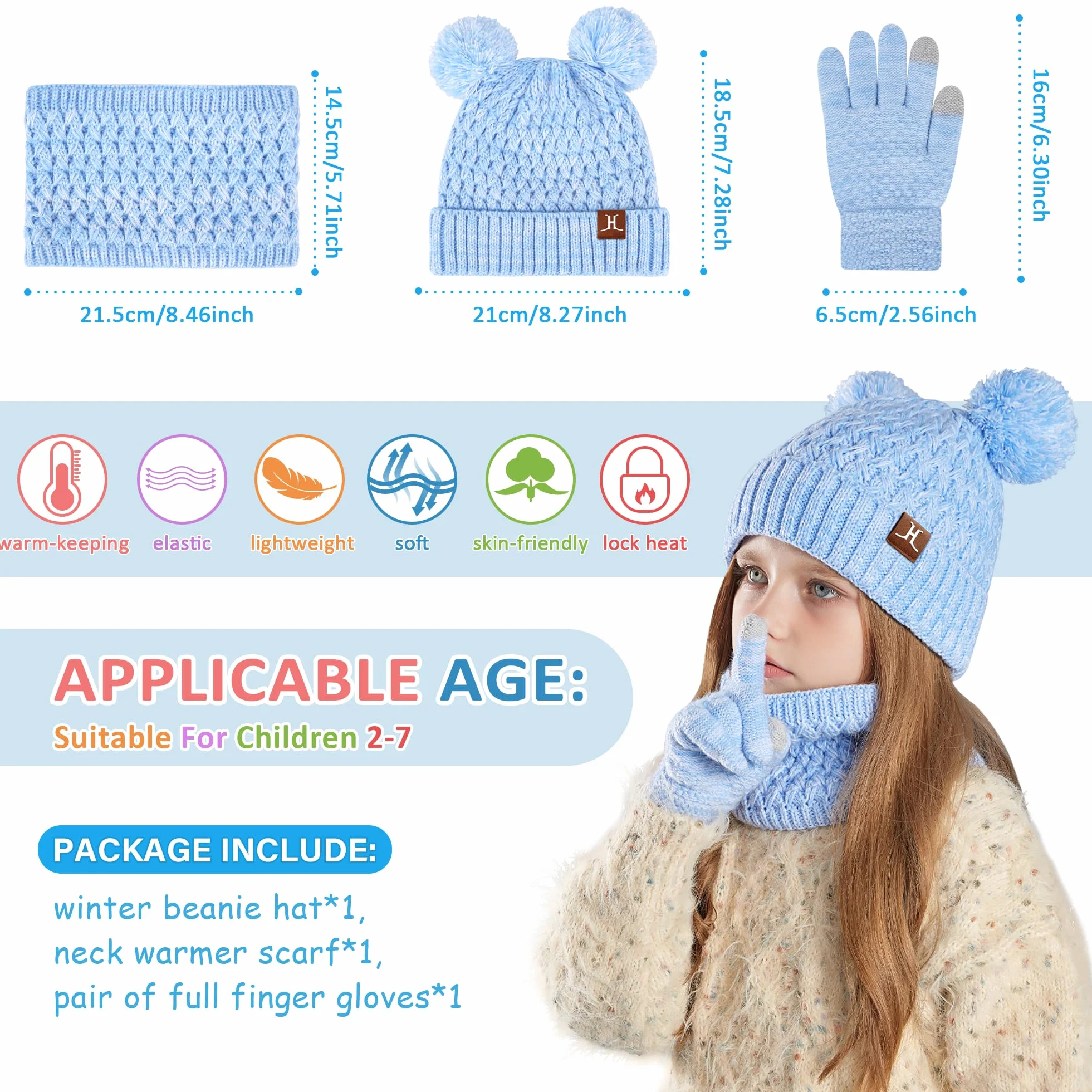 ZASFOU Niños Sombrero Invierno Bufanda Guantes Pantalla Táctil Set 2 3 4 5 6 7 Años Gorro Sombreros de Punto con Pompón Braga Cuello Guante Regalos para Niñas Niño
