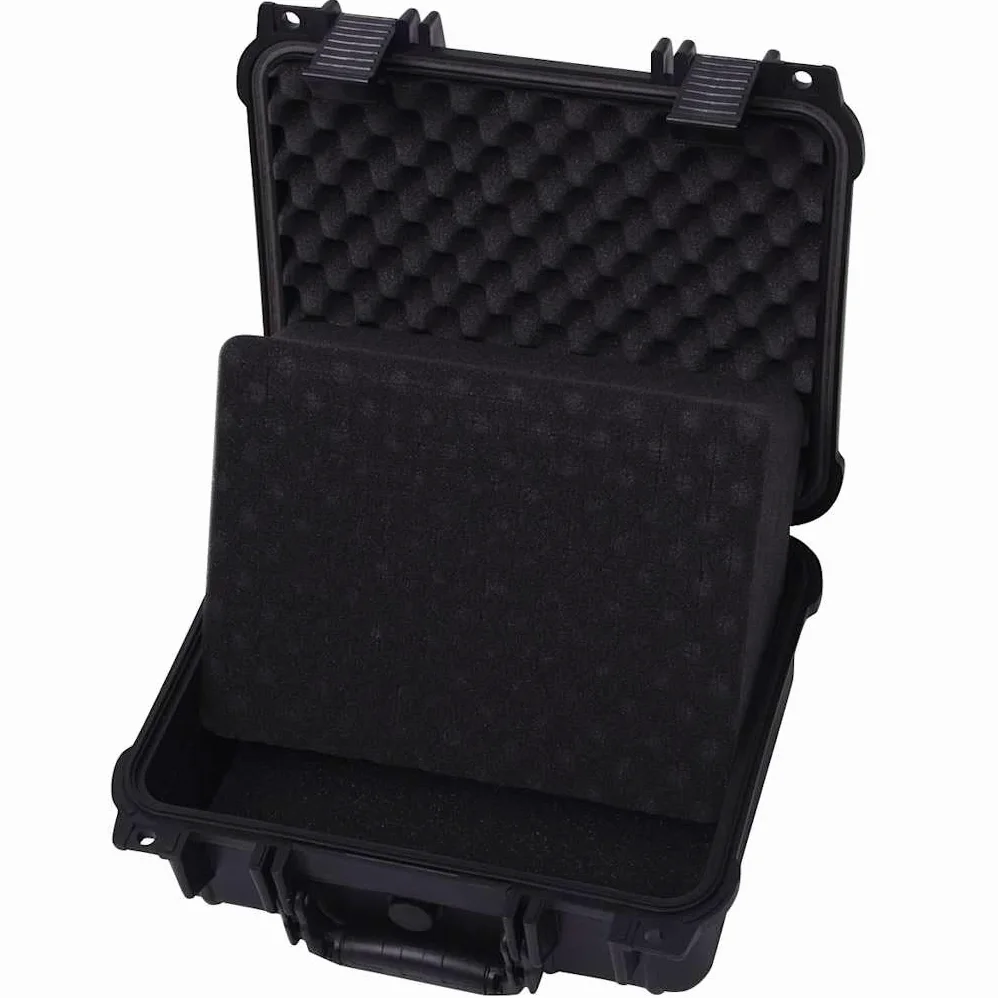 Maletín universal negro de polipropileno y ABS, 35 x 29,5 x 15 cm, rígida, con junta tórica, válvula de presión, insertos de espuma para cámara, lente, accesorios, viajes, exteriores
