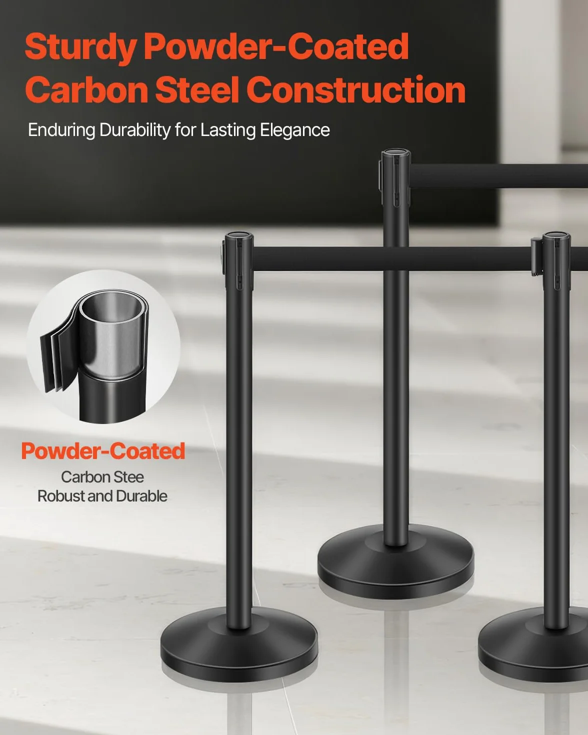 VEVOR 6 PCS Poste de Estaca de Acero al Carbono 2 m con Base Hueca de Inyección de Arena y Cinturones Retráctiles Negros, Barreras de Control de Multitudes