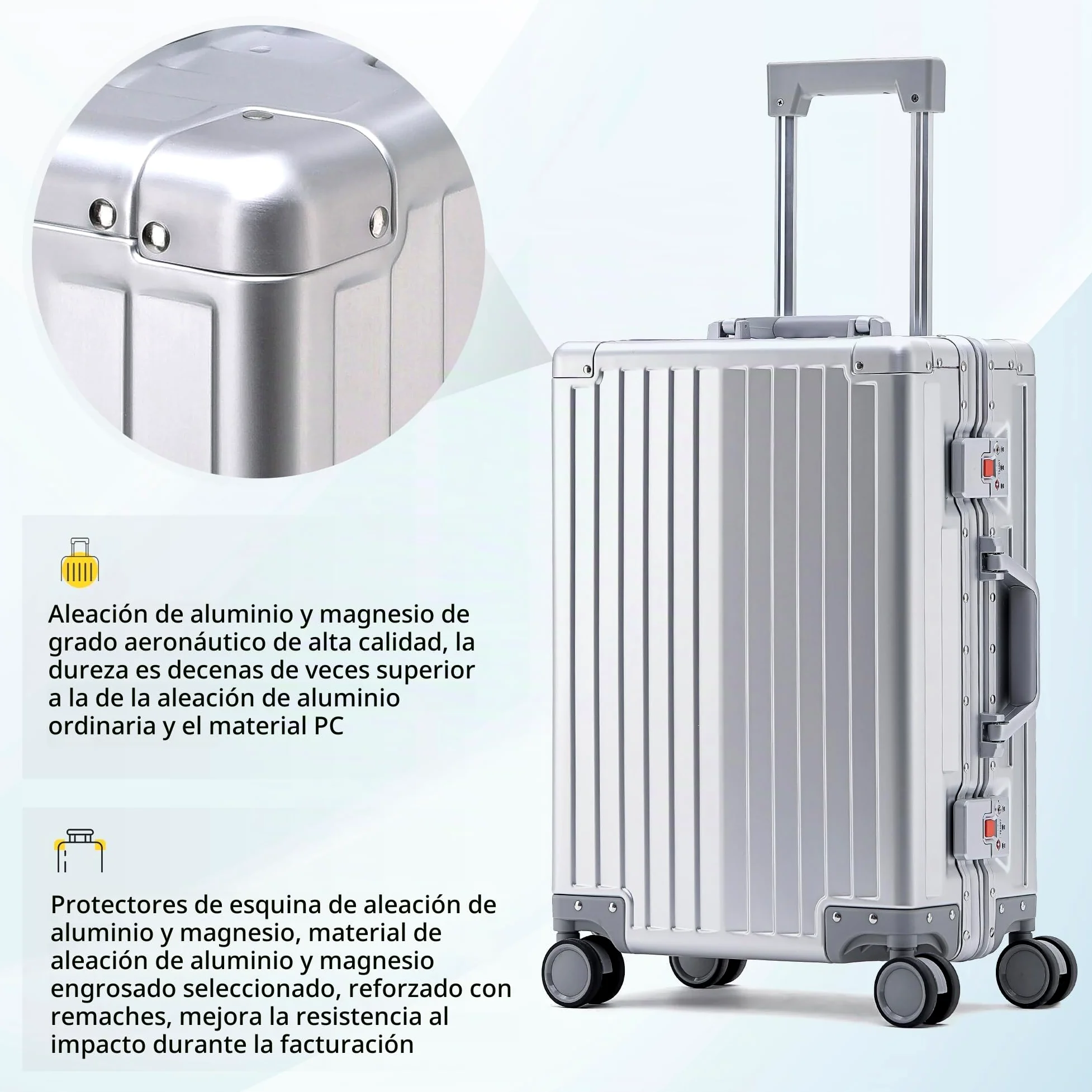 Simcat - Equipaje de mano de aluminio con ruedas giratorias, aprobado por aerolíneas, ligero, con candado TSA y ruedas silenciosas, carcasa dura, para viajes de negocios, Silver, 20in/55cm,36L