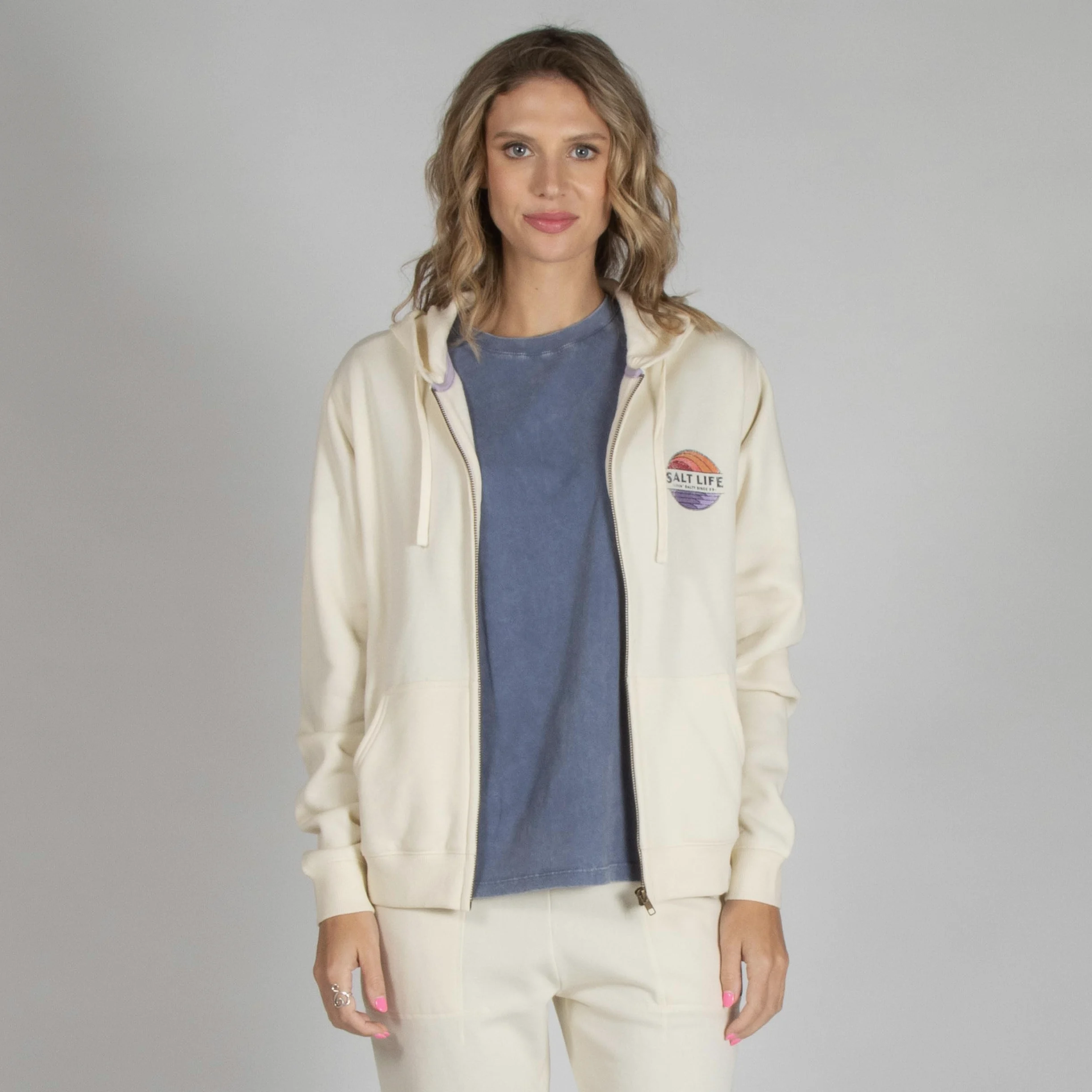 Salt Life Saltsations - Sudadera con capucha con cremallera frontal para mujer, Marfil, M