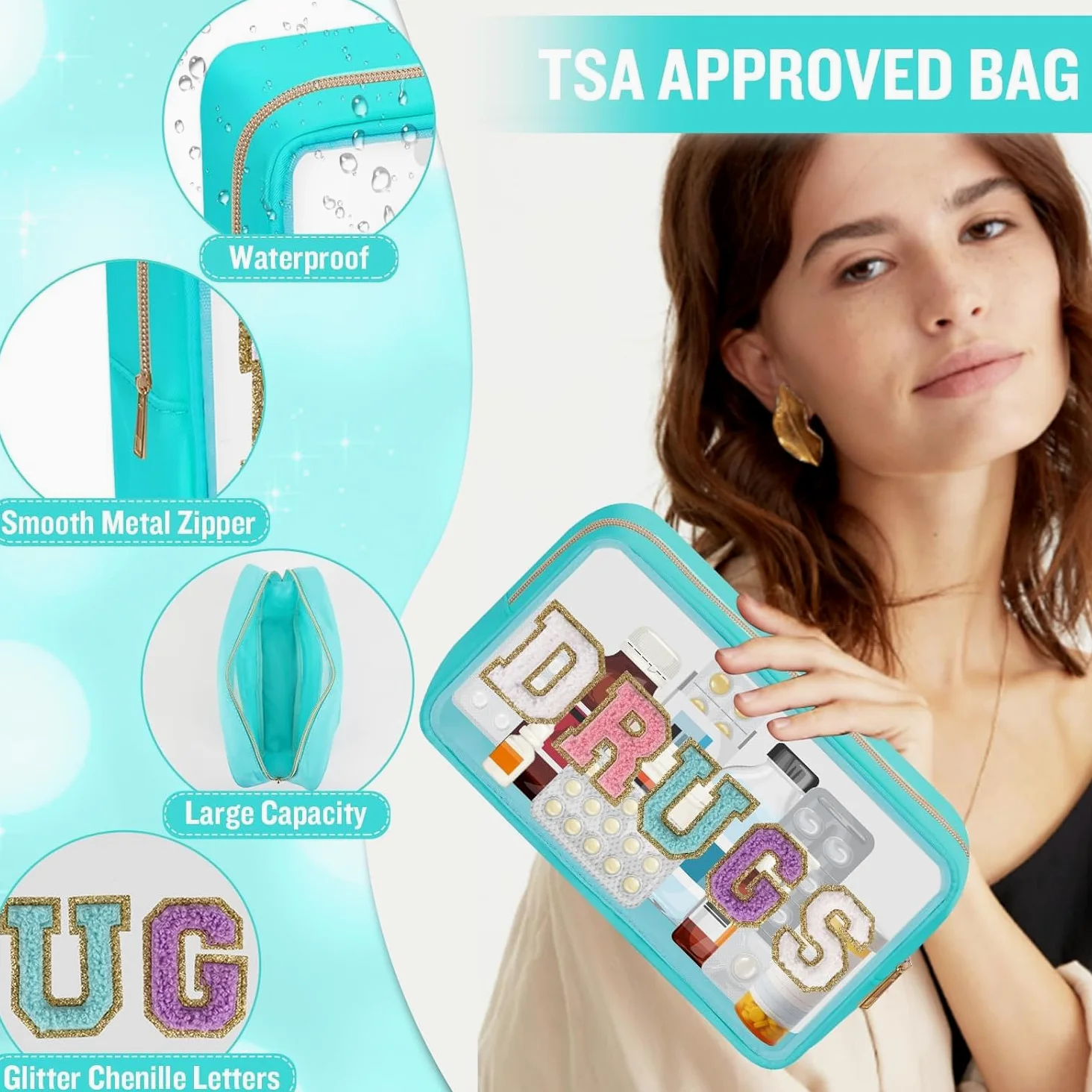 Bolsa de Aseo de PVC, Bolsa de cosméticos Transparente con Letras de Chenilla, Bolsa de Maquillaje Transparente, Bolsa Grande con Cremallera for Medicina de Viaje, Nailon Multicolor