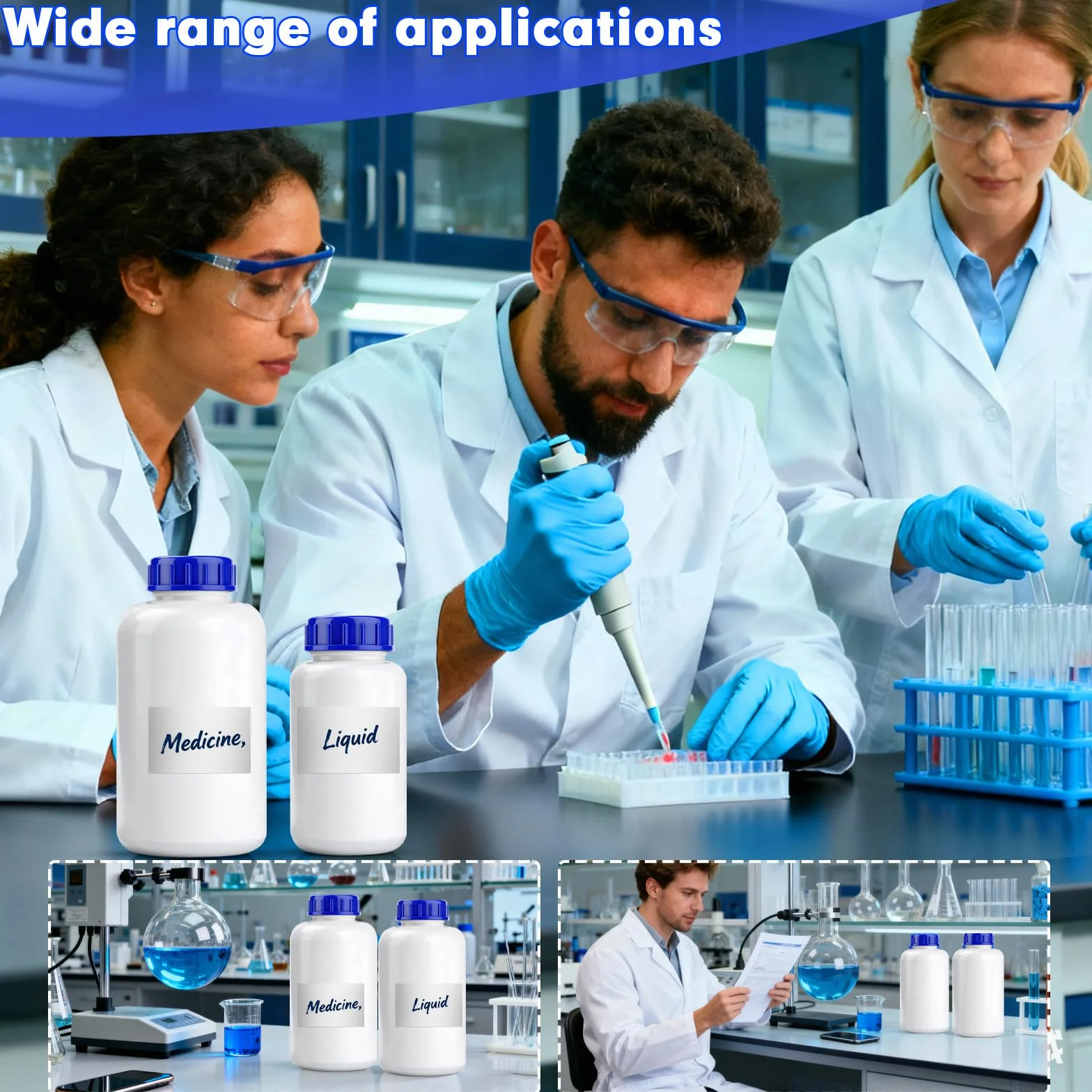 Botella de cuello ancho HDPE 1000 ml con tapón de rosca para laboratorio y productos químicos