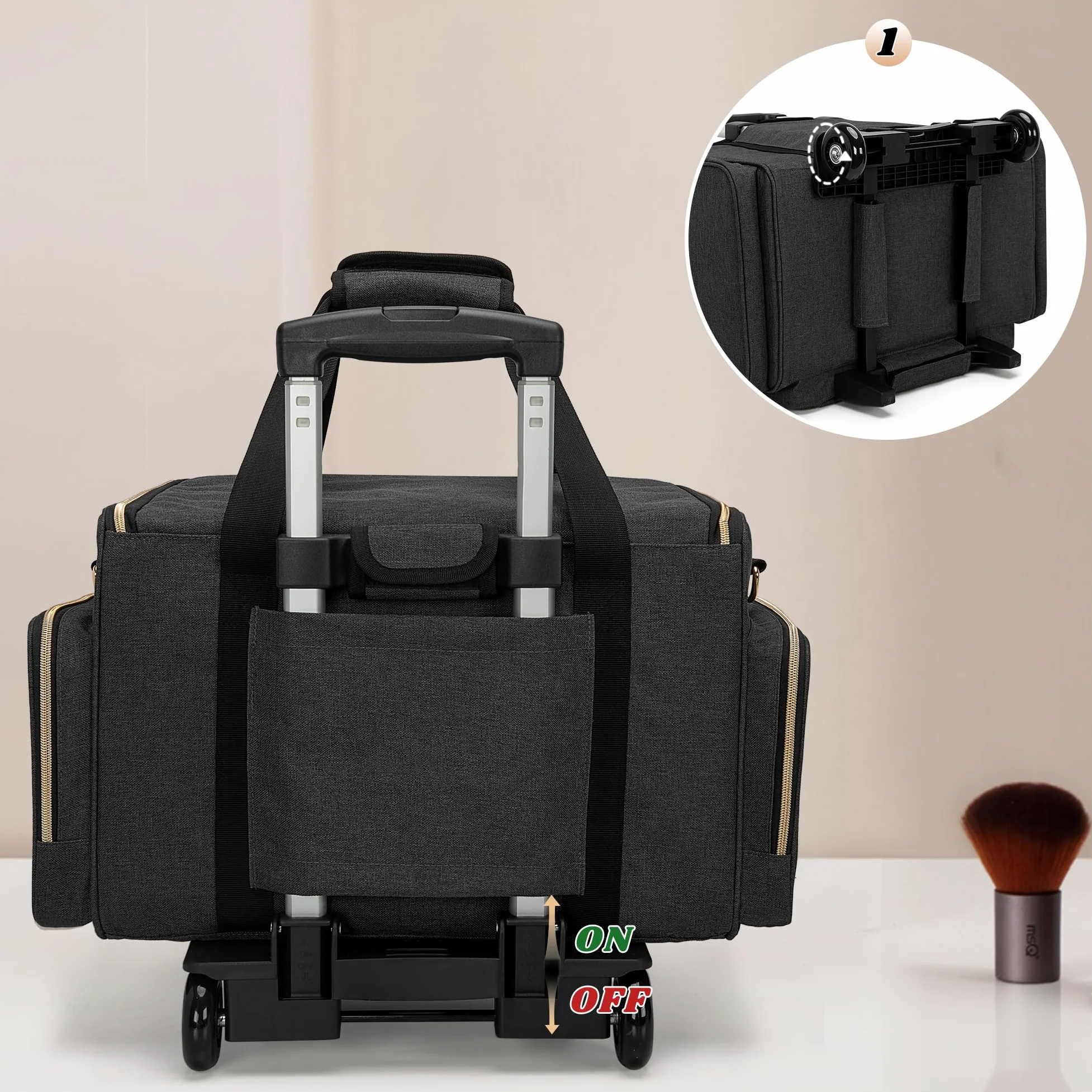 Luxja Estuche de Maquillaje con Ruedas, Bolsa de Cosméticos, Negro | Bolsa de Maquillaje con 3 Bolsas Extraíbles y 1 Bolsa para Brochas de Maquillaje
