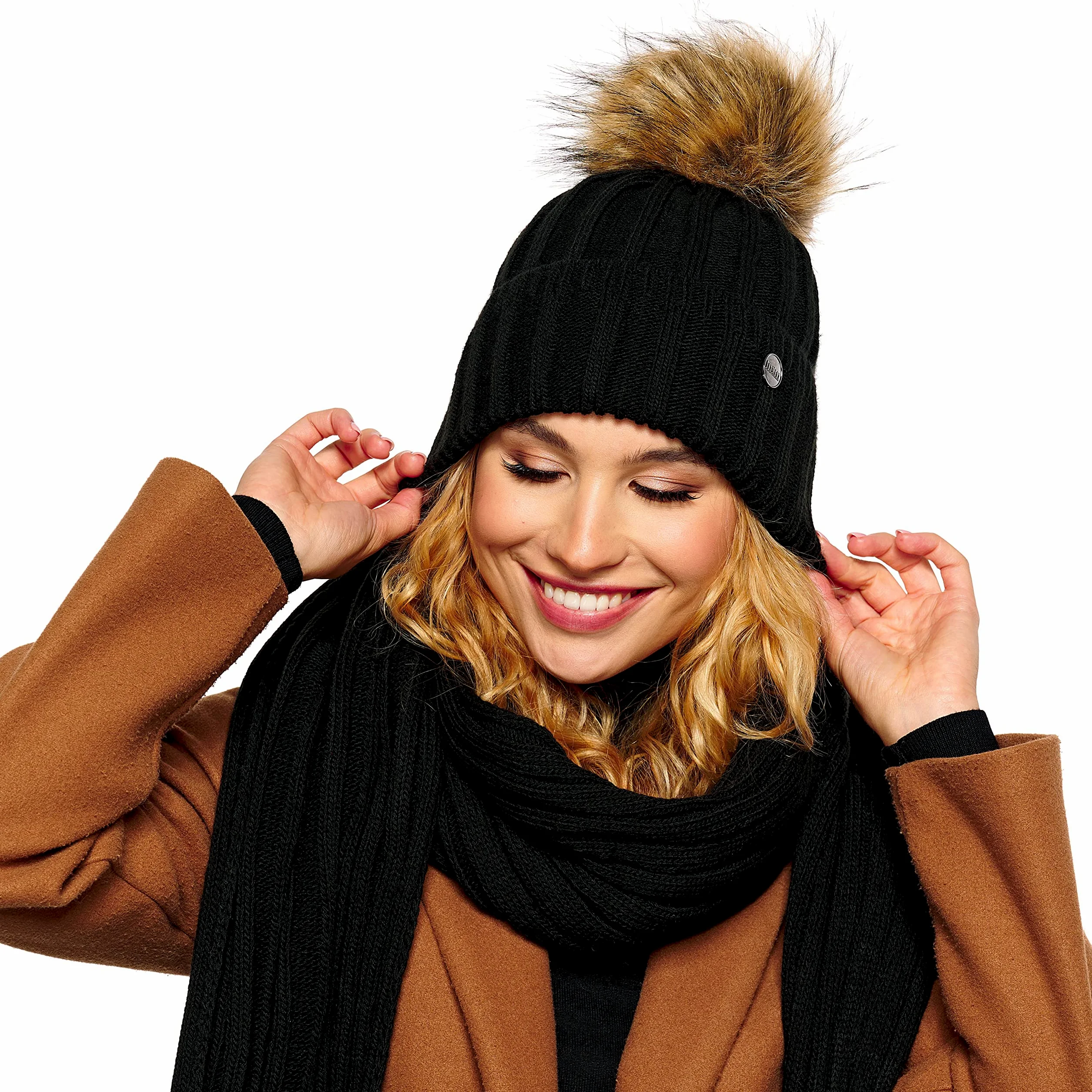 ELIMELI Gorro de cachemira para mujer, de invierno, cálido, gorro de lana con cachemira, gorro de invierno con pompón de piel sintética, gorro de punto para mujer, para invierno, gorro de pompón,