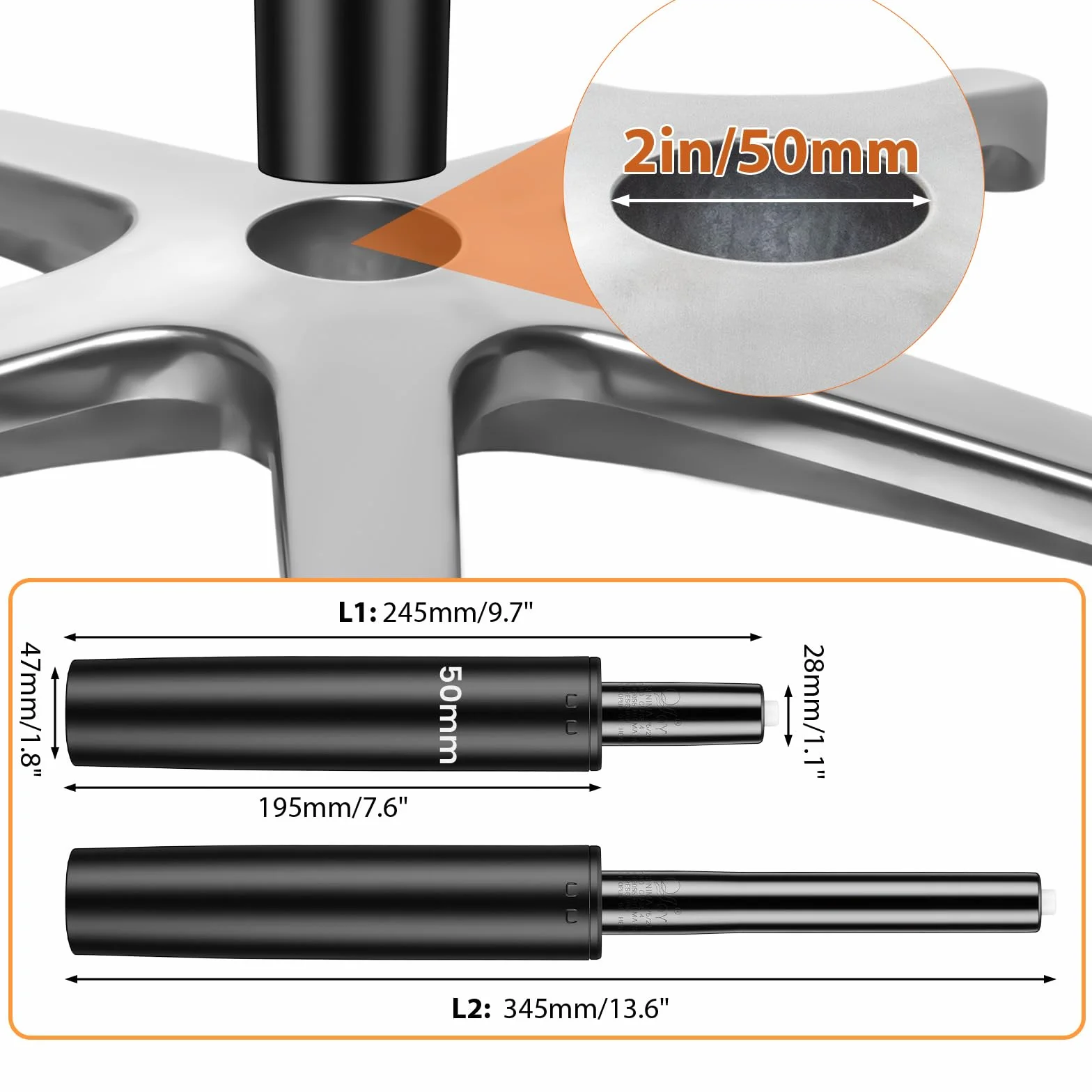 Cilindro de Gas para Silla de Oficina, Class 4, 1000LBS (450kg), 245-345mm, Altura Ajustable