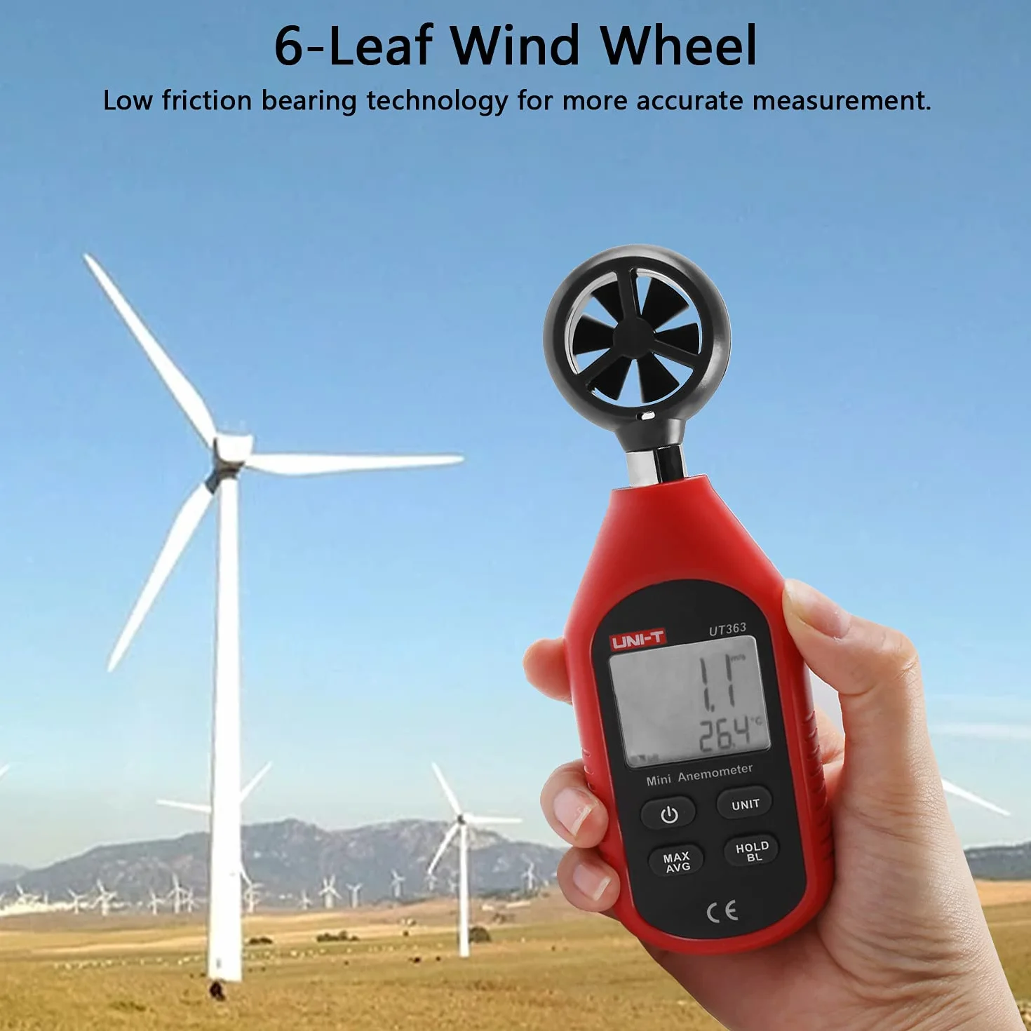 UNI-T UT363 Anemómetro Digital Portátil Pantalla LCD Medidor Velocidad Viento Aire