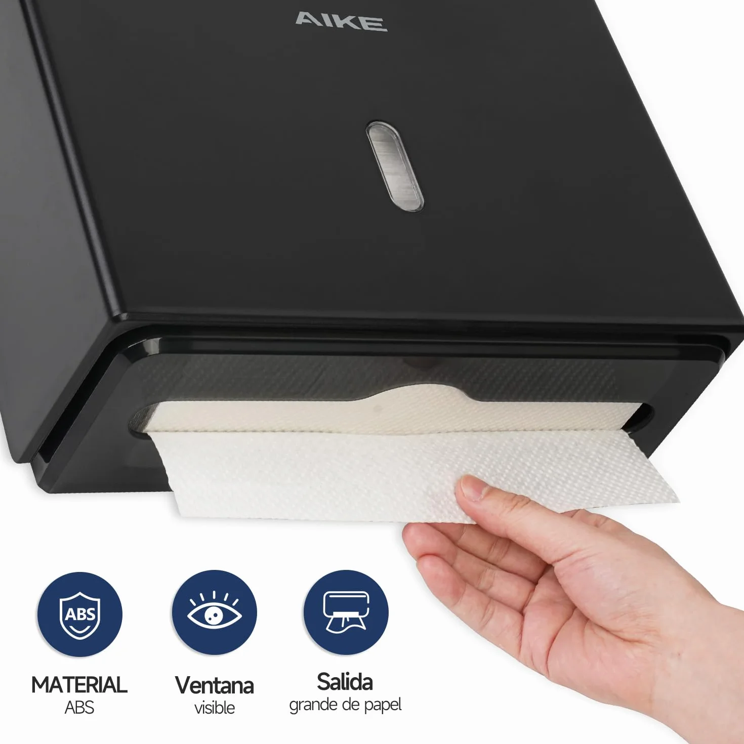AIKE Dispensador Papel Secamano Pared 200+ Hojas Pliegue Z Toallas Multifold 25.4x7.8 cm Negro AK5102