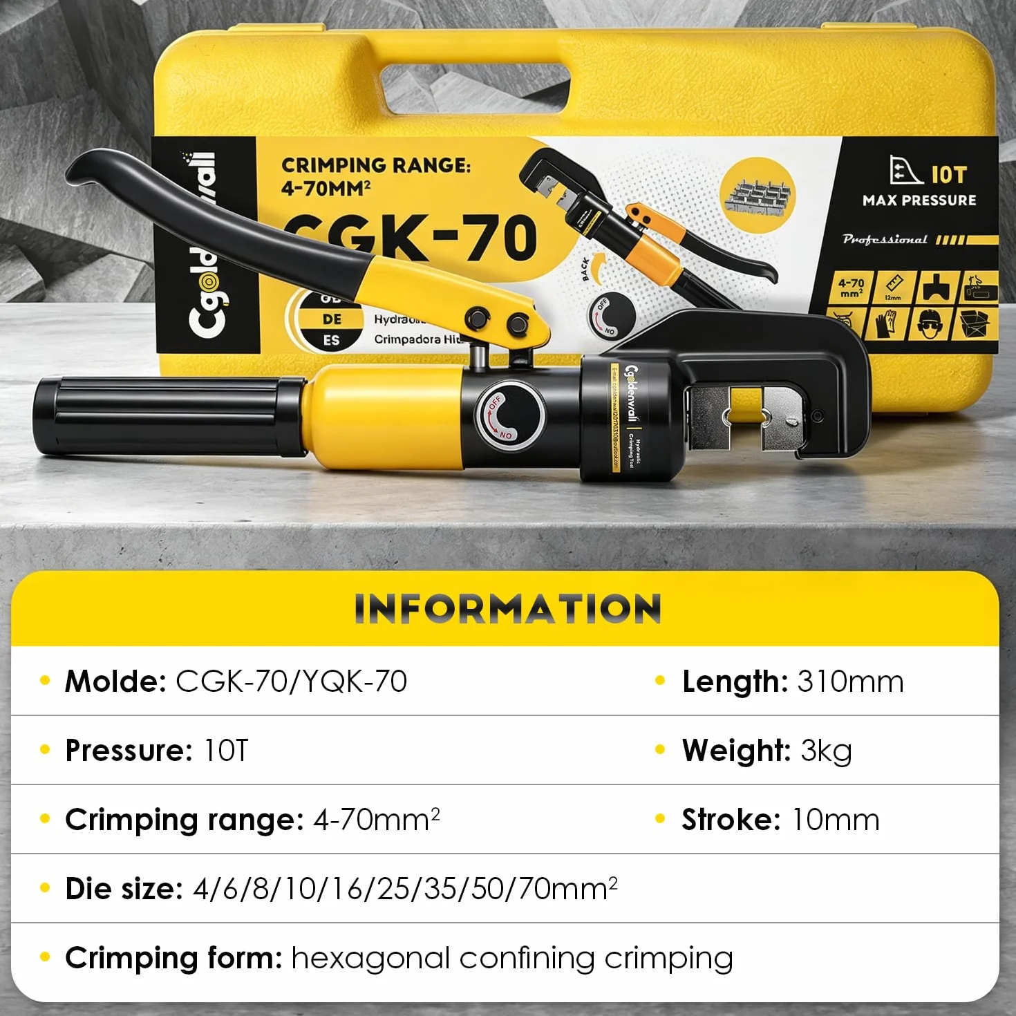CGOLDENWALL YQK-70 Crimpadora Hidráulica 10T 9 Matrices Acero Hexagonal 4-70mm² Trazo 12mm