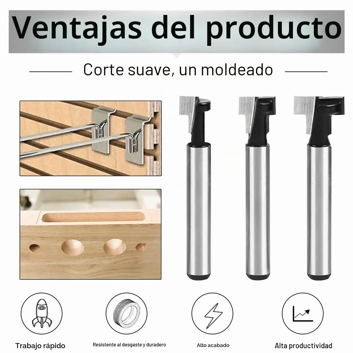 Flintronic 3 PCS Fresa Madera Broca Fresadora Ranura en T 8mm 3/8" 1/2" 5/16" Bit Carpintería Router Conjunto de fresado para Esquinas y Ranuras
