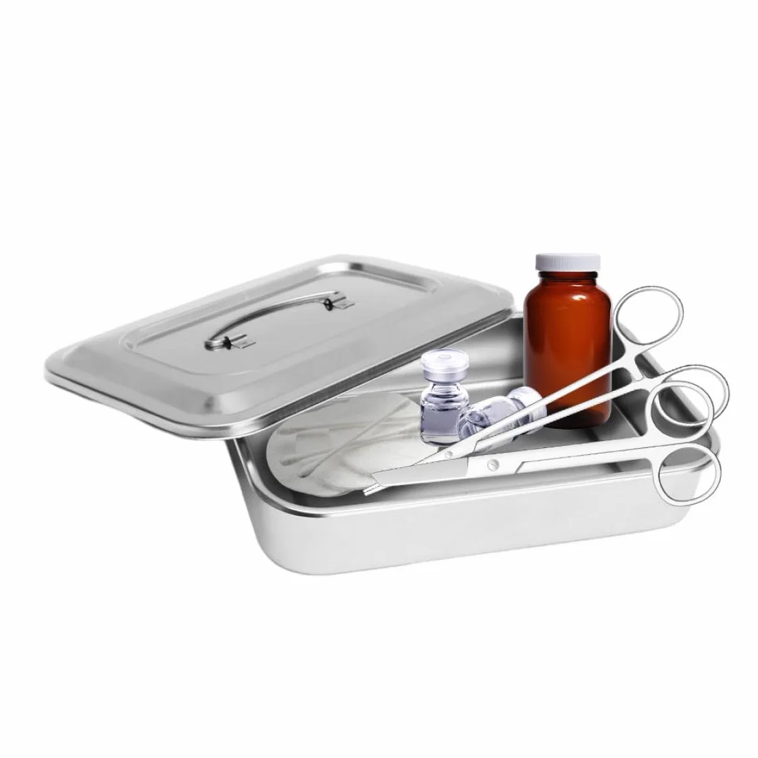 Organizador de bandeja de instrumentos dentales de acero inoxidable con tapa y asa