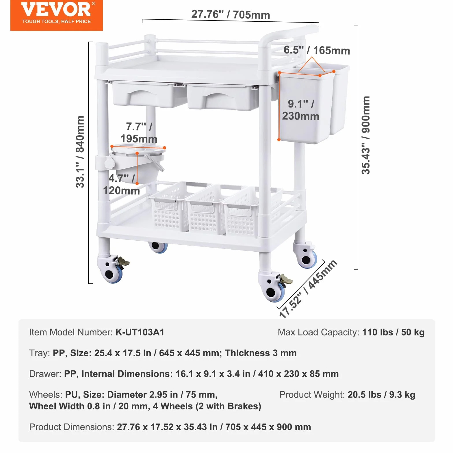 VEVOR Carro Médico 2 Niveles con 2 Bandejas 4 Ruedas Silenciosas Material PP 3 Botes de Basura Blanco