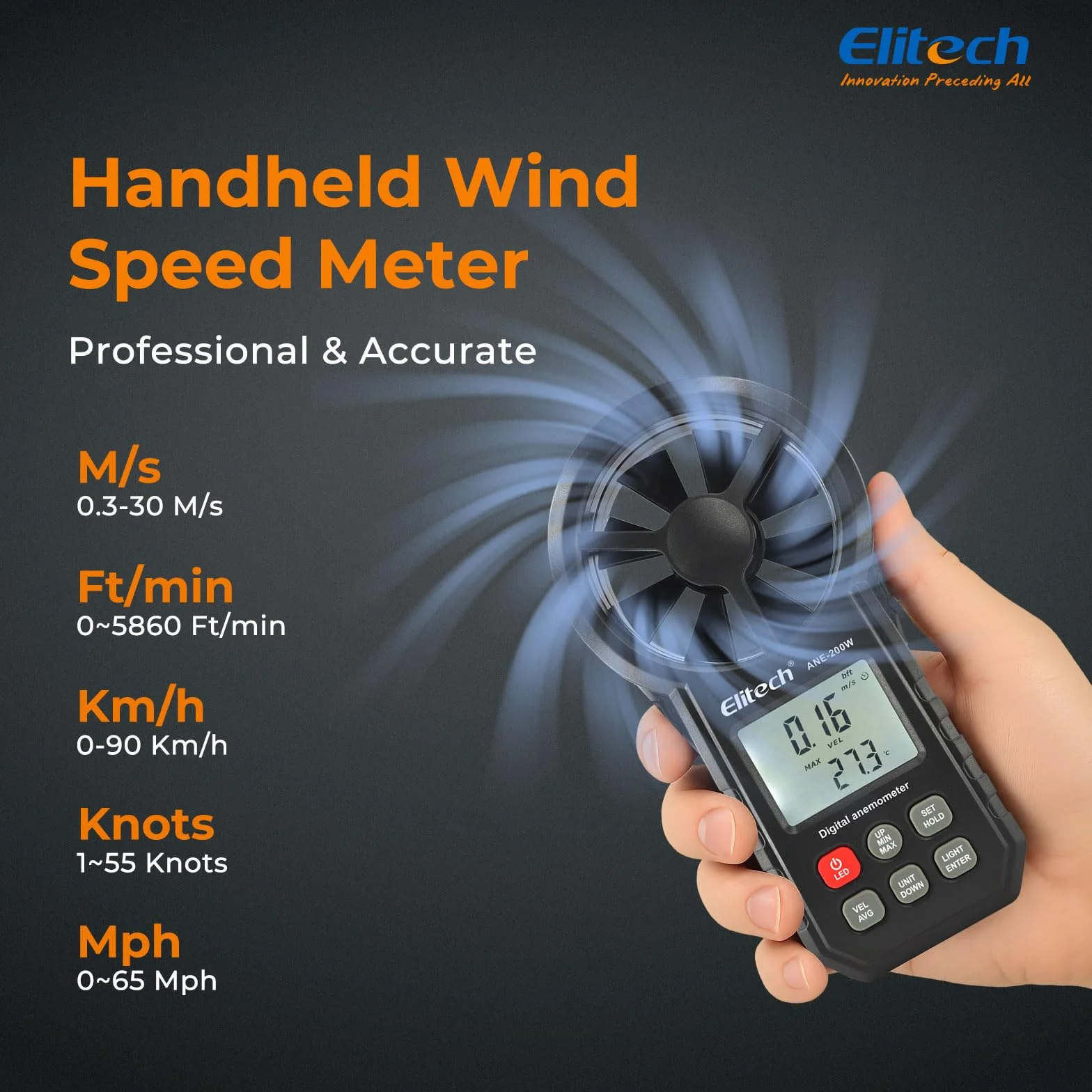 Elitech Anemómetro Digital Bluetooth ANE-200W Medidor Velocidad Viento Temperatura USB CFM/CMM
