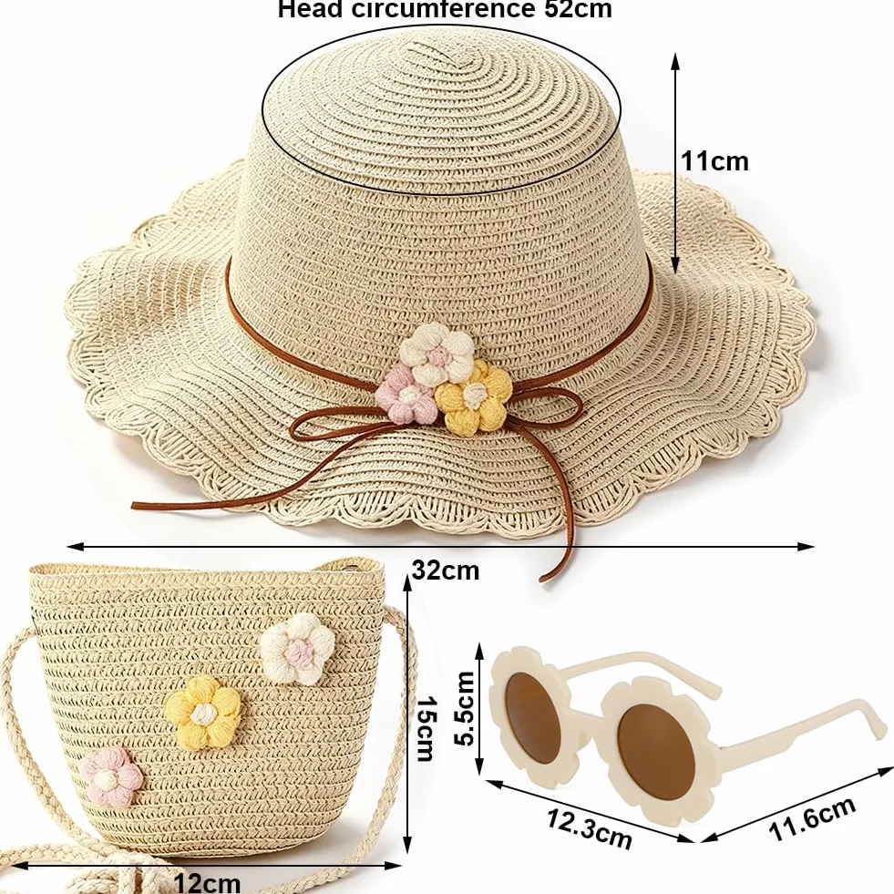 Sombrero de Paja Niñas, Gorra de Sol Chica y Bolsa de Paja Set Gorro de Playa Gafas de Sols Playa de Verano Sombrero Mini Bolsa Cruzada de Pajas Sombreros para Viaje Beach Piscina(Beige)