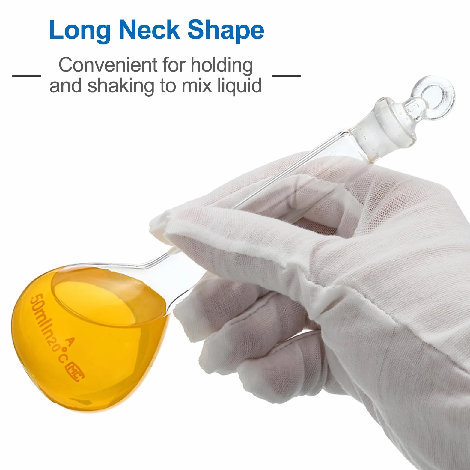Matraz Volumétrico de 50 ml, Vidrio Borosilicato 3.3 con Tapón de Vidrio, para Laboratorio
