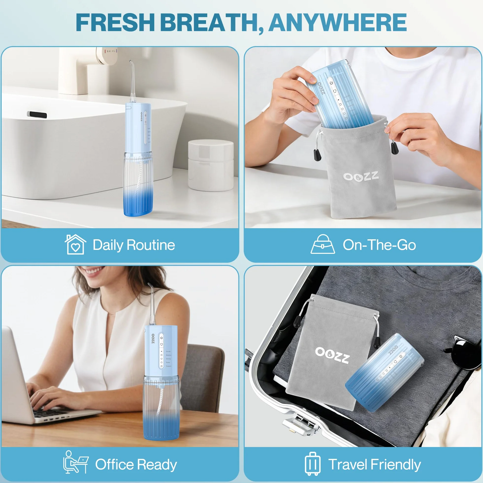 OOZZ Irrigador Bucal de Viaje Inalámbrico 5 Modos 6 Puntas Recargable USB Azul Degradado