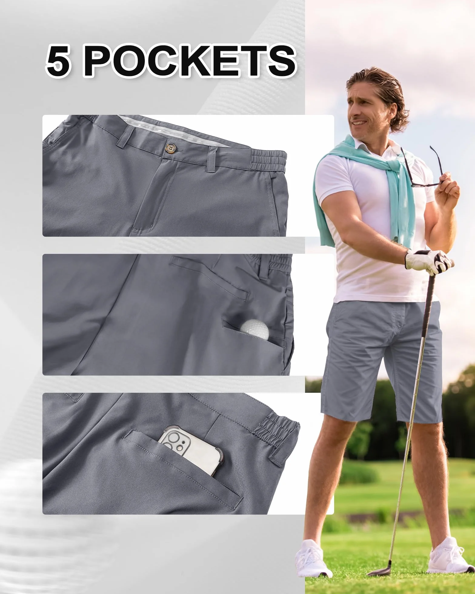 Outdoor Ventures Pantalones cortos de golf para hombre UPF 50+ elásticos, ligeros, de secado rápido, pantalones cortos de golf de 9 pulgadas con 3 soportes para té y bolsillos para golf