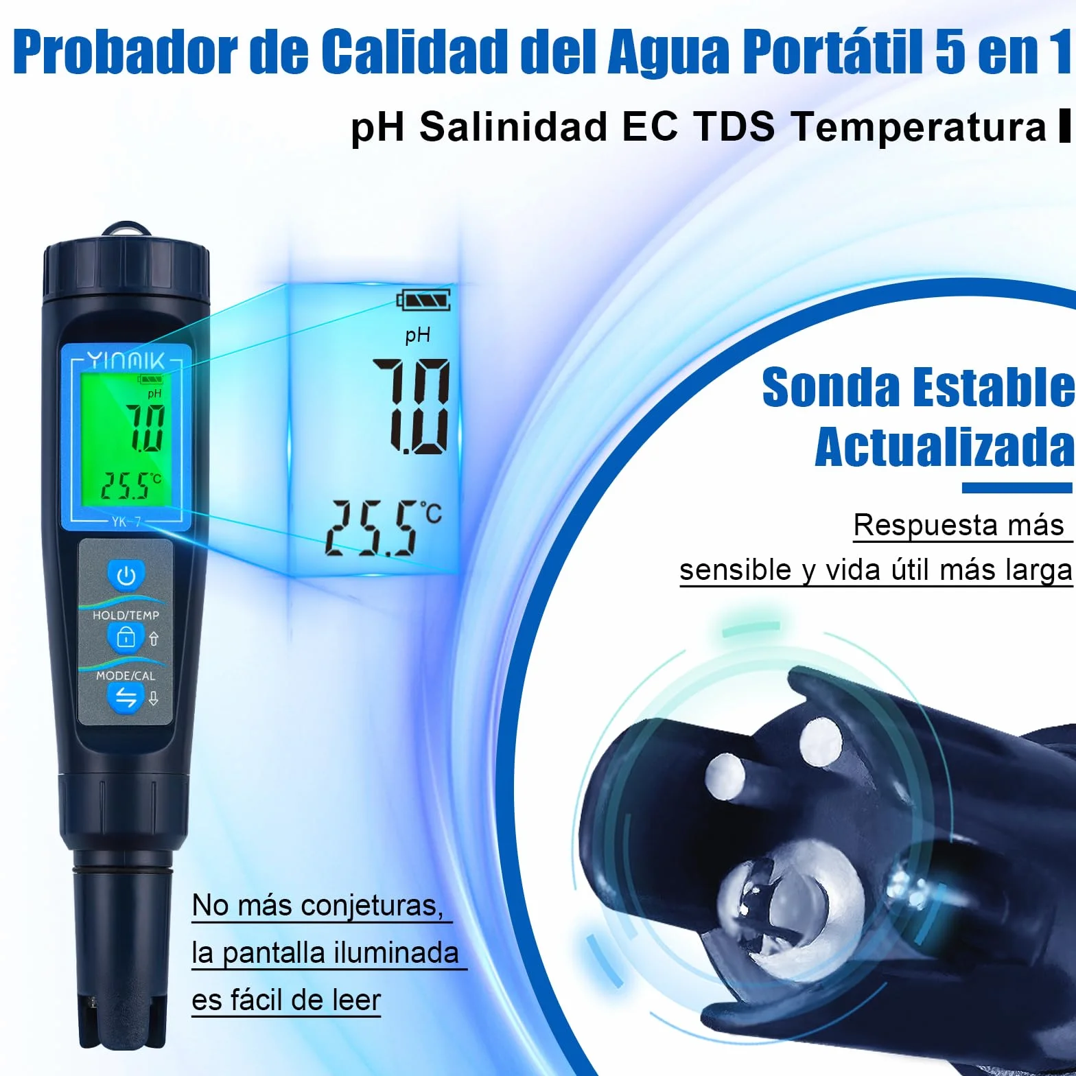 5 en 1 Medidor de pH Salinidad TDS EC Temp para Piscina de Agua Salada, Acuario Koi, Hidropónico