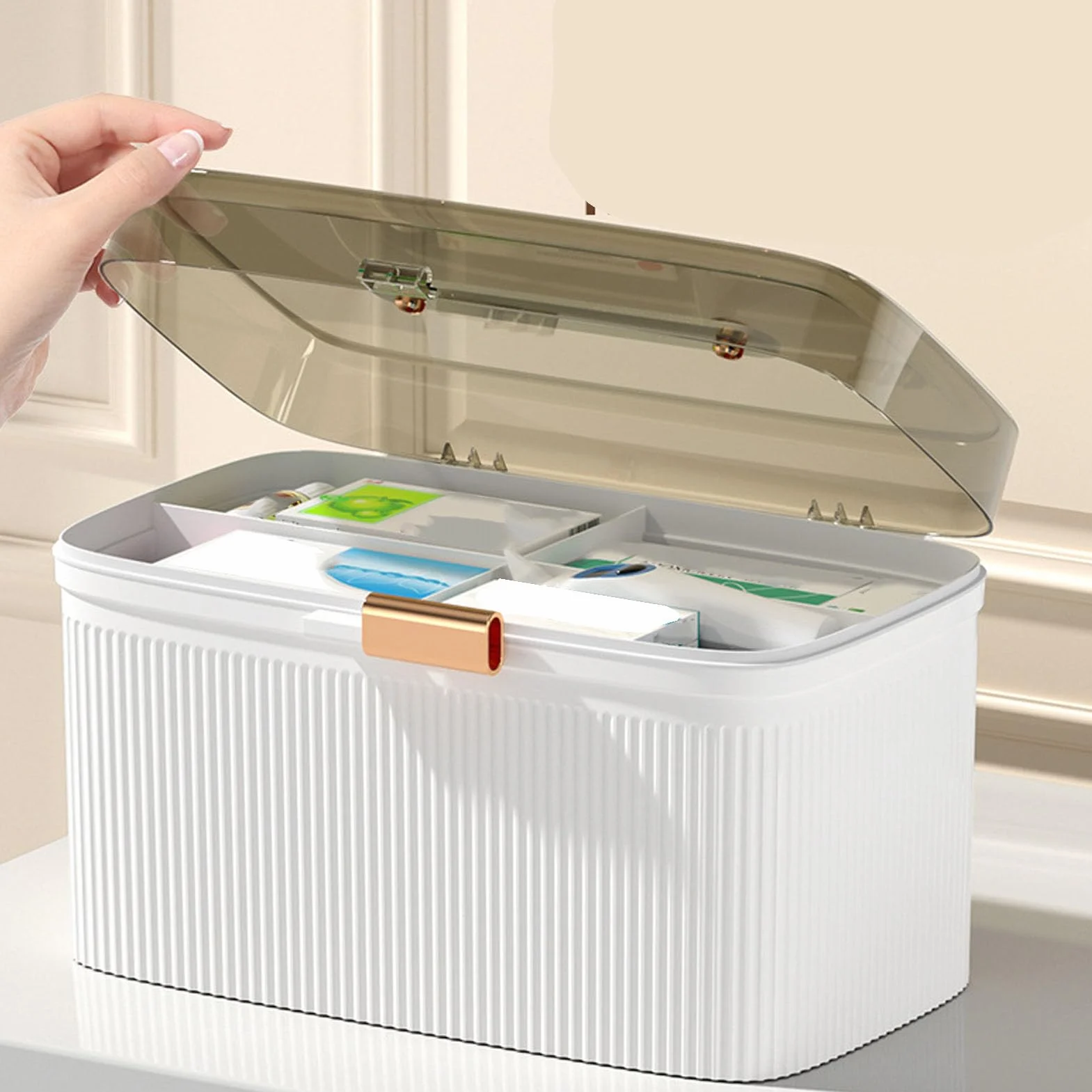 Caja de Medicina Familiar con Cerradura de Seguridad, Organizador de Plástico de Doble Capa, Botiquín Doméstico