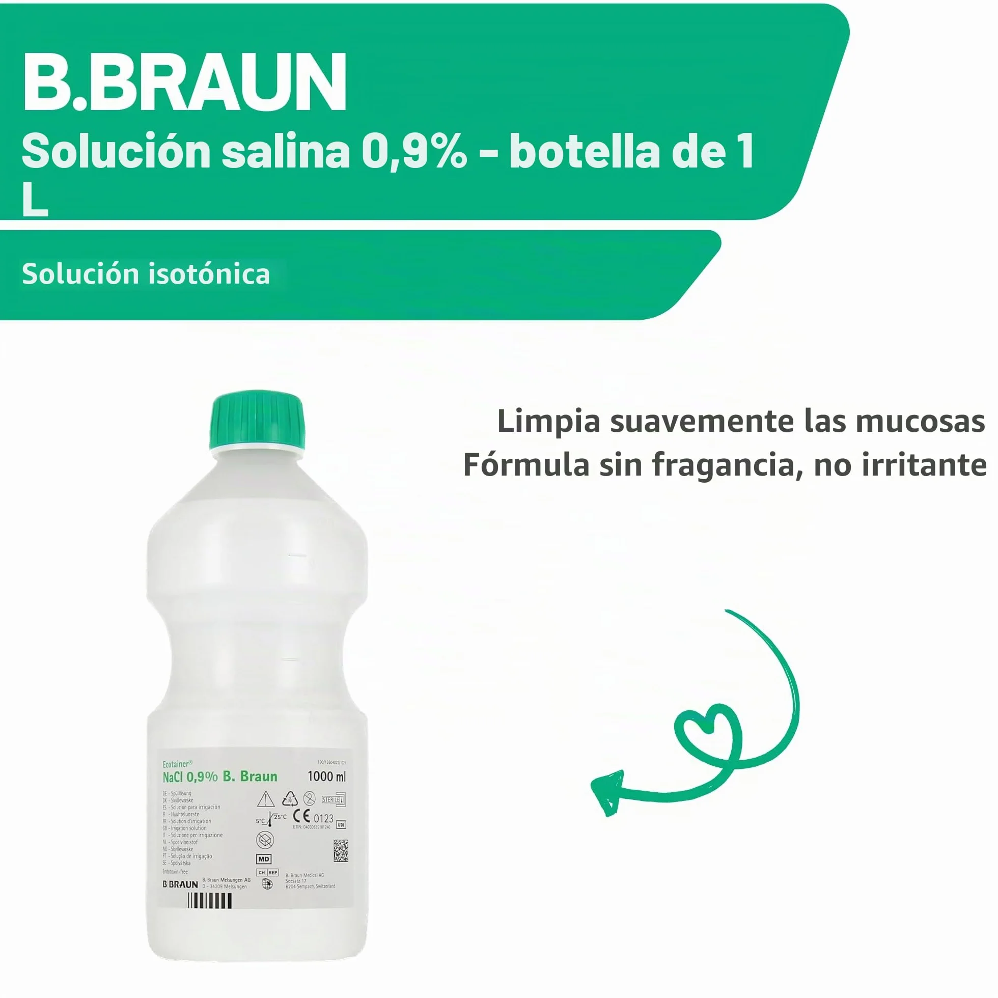 B. Braun Solución salina fisiológica 0,9% 1 Litro Estéril para uso nasal, ocular y limpieza de heridas