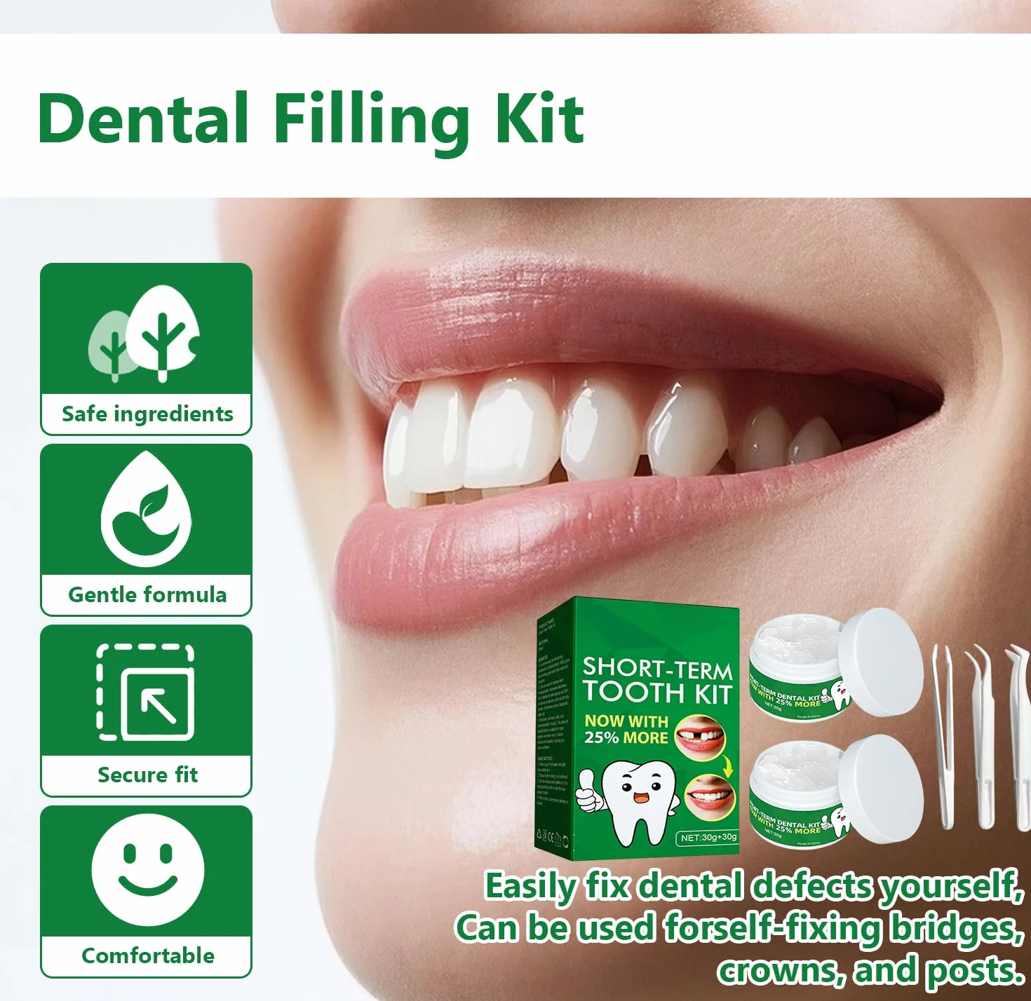Cemento Dental Permanente 60g Kits de Empastes Dentales Perla Dental Reparación Dientes Falsos Moldeables