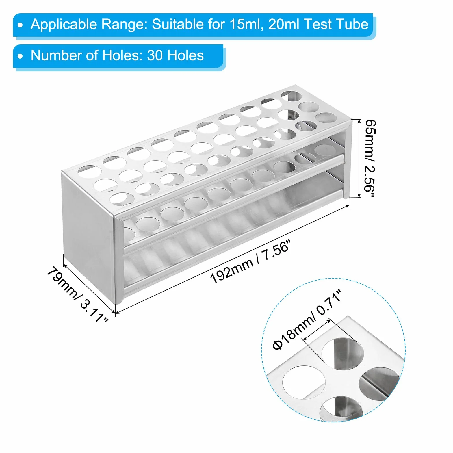 PATIKIL Soporte Para Tubos De Ensayo 30 Agujeros 18mm 304 Acero Inoxidable Plateado