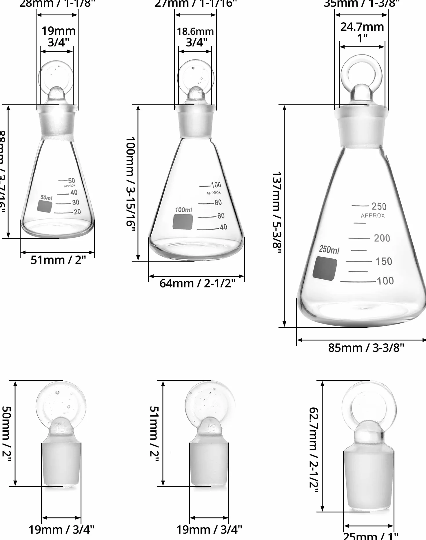 QWORK Conjunto de Matraz Erlenmeyer 250 ml 150 ml 50 ml Vidrio Borosilicato Tapón Cristal Laboratorio