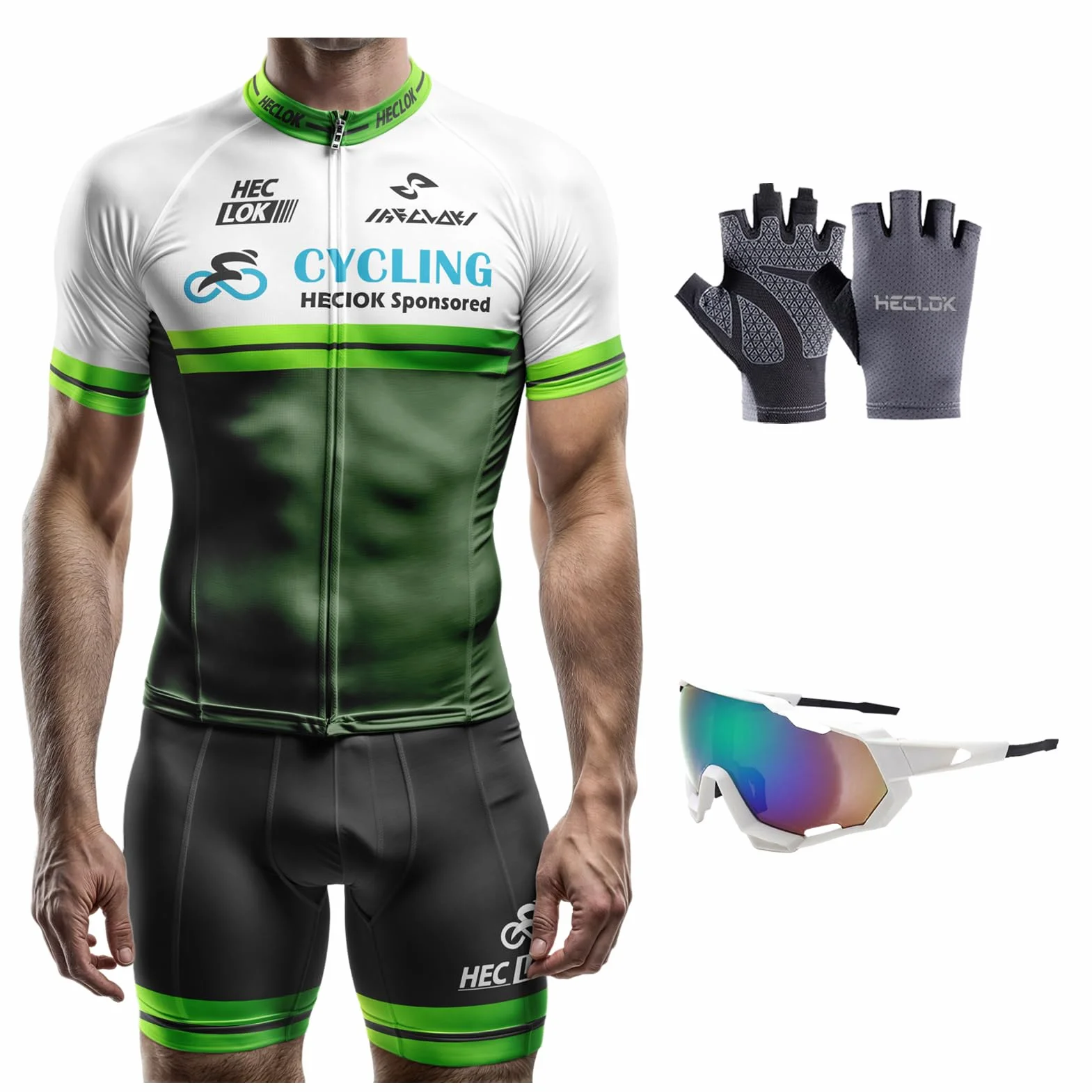 Conjunto Ciclismo Hombre - Camiseta Manga Corta + Culotte con Badana - Ropa Bicicleta Carretera y MTB - Tejido Transpirable y Antisudor - Guantes gafas - 4 Piezas para Verano