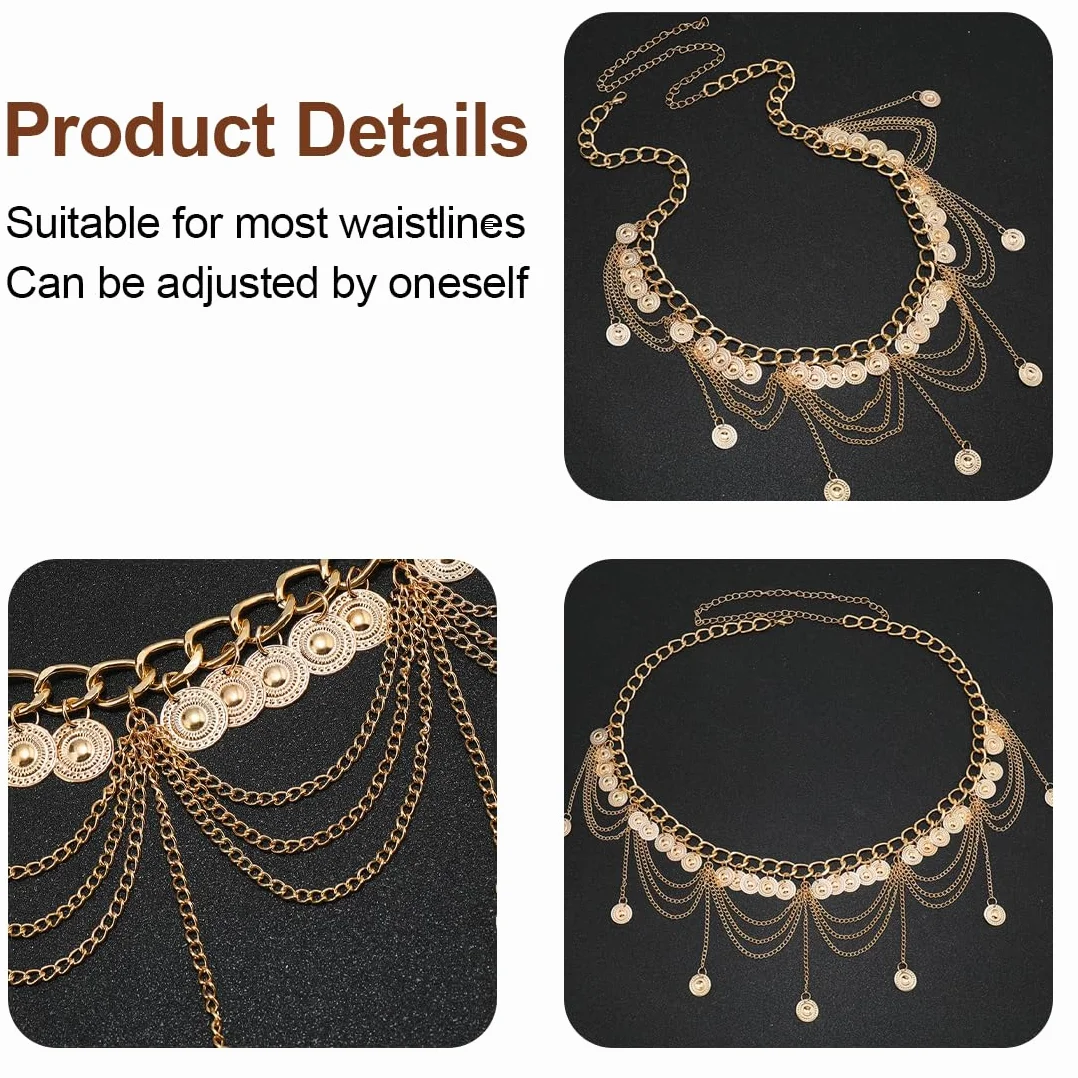Cadenas de cuerpo,Cinturones para mujer,Accesorio de cadena para cintura para danza del vientre con colgante de borla, longitud de cadena 70 cm + cadena alargadora 30 cm (oro)