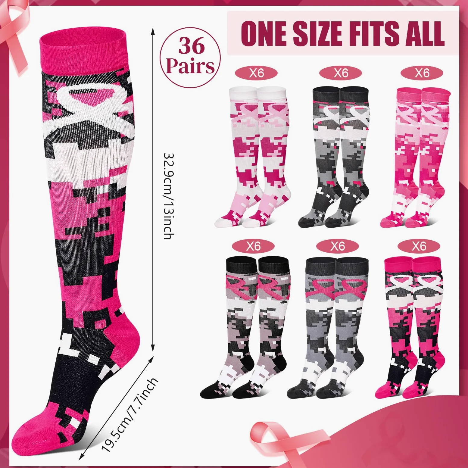 Xtinmee 36 pares de calcetines de compresión de camuflaje para el cáncer de mama con cinta rosa, calcetines atléticos sobre la pantorrilla, calcetines de fútbol para enfermeras, mujeres, correr,