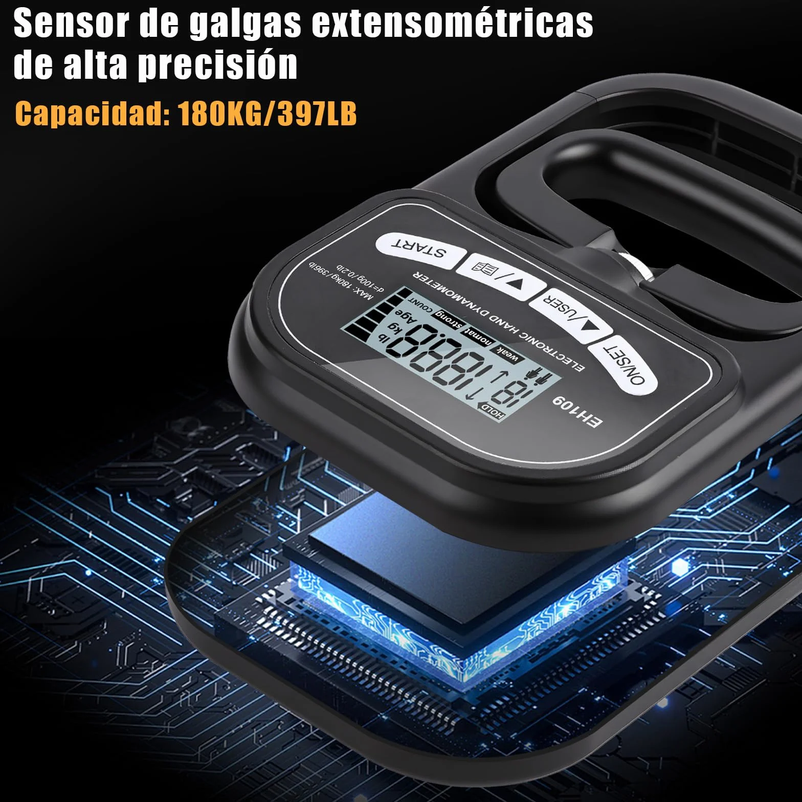 Dinamómetro de Mano Digital Automático 180KG Medidor de Fuerza de Agarre Electrónico Pantalla LCD