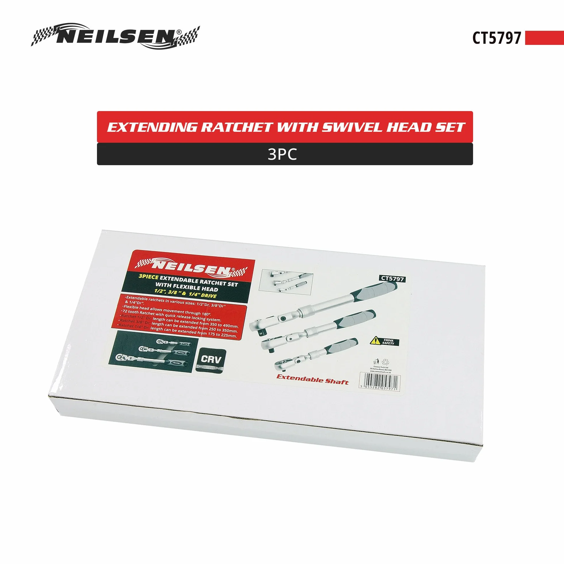 Neilsen CT5797 Juego de trinquetes extensibles 3 piezas cabezal giratorio 18 grados accionamiento 1/10.2 cm 3/20.3 cm 1/5.1 cm mecanismo 72 dientes