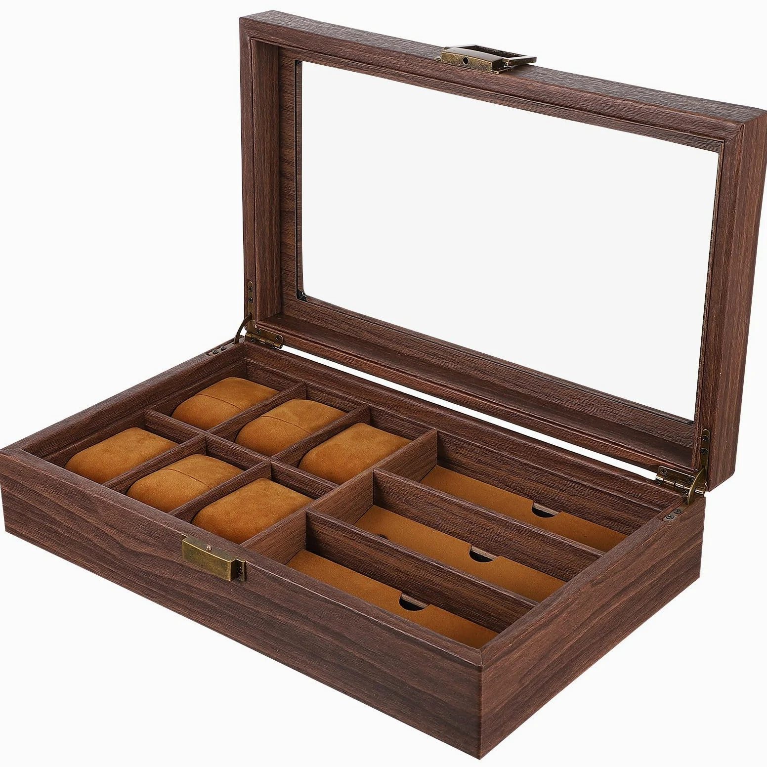 Abaodam Caja Organizadora de Madera Retro para Gafas y Relojes 6 Compartimentos para Relojes 3 para Gafas Almacenamiento para Exhibición y Colección