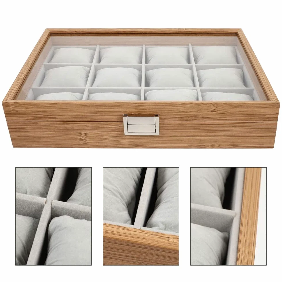 XBTGS Caja de almacenamiento de joyas con 12 ranuras, caja de madera, bandeja de exhibición con almohada,