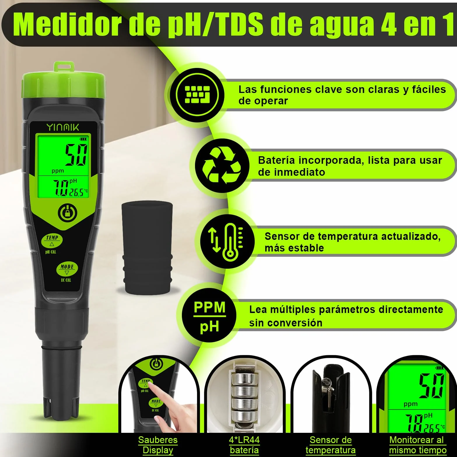 YINMIK Medidor de pH y TDS Digital 4 en 1, Probador de pH PPM Conductividad con Solución de Calibración para Piscina Agua Potable