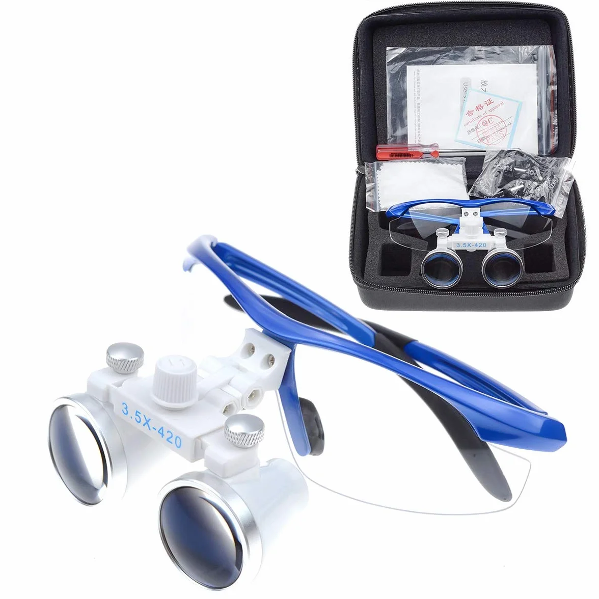 Binocular quirúrgico 3,5 X 420 mm Vidrio óptico antivaho azul