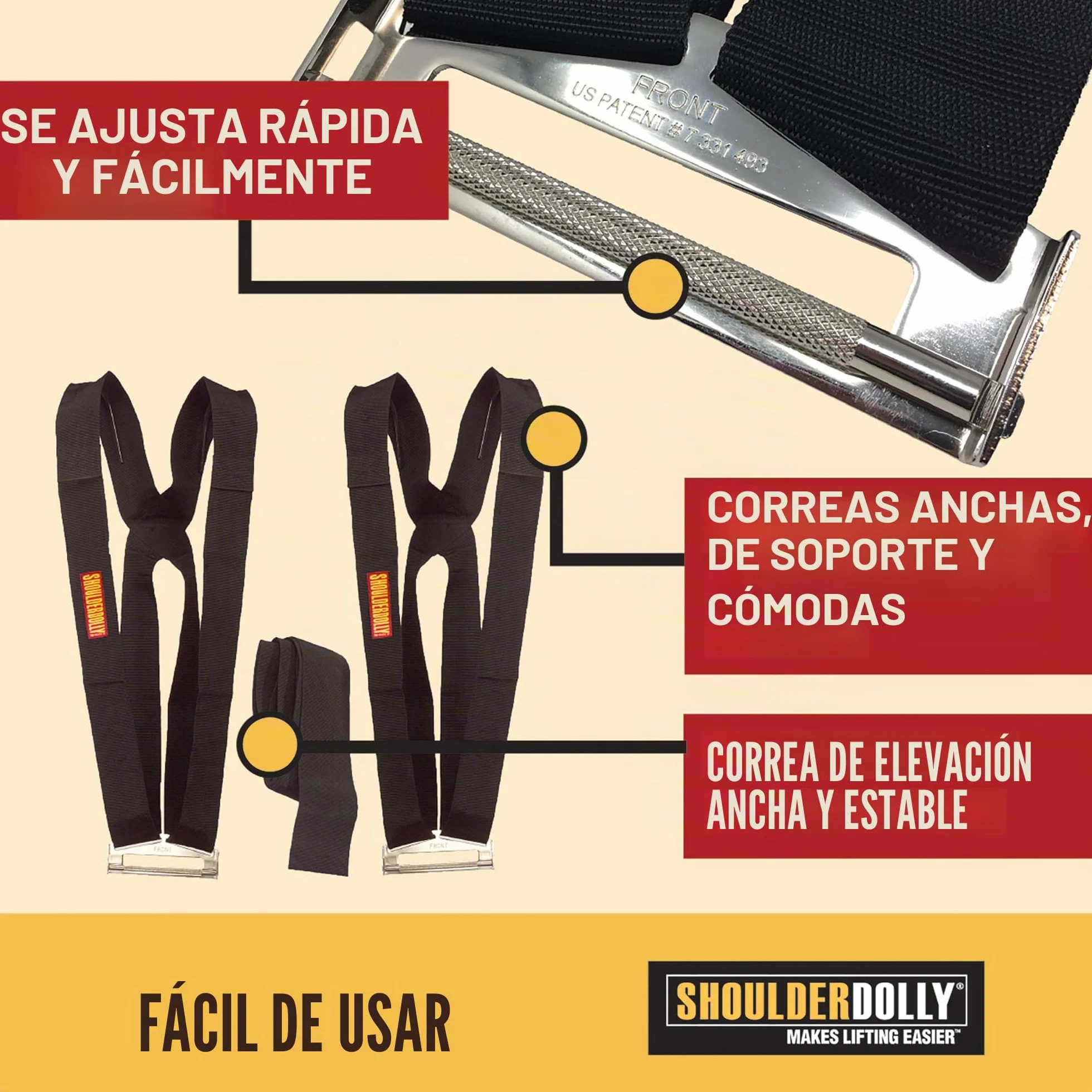 SHOULDER DOLLY correa de hombro para 2 personas, cinturón de transporte de 370 kg y 3,65 m