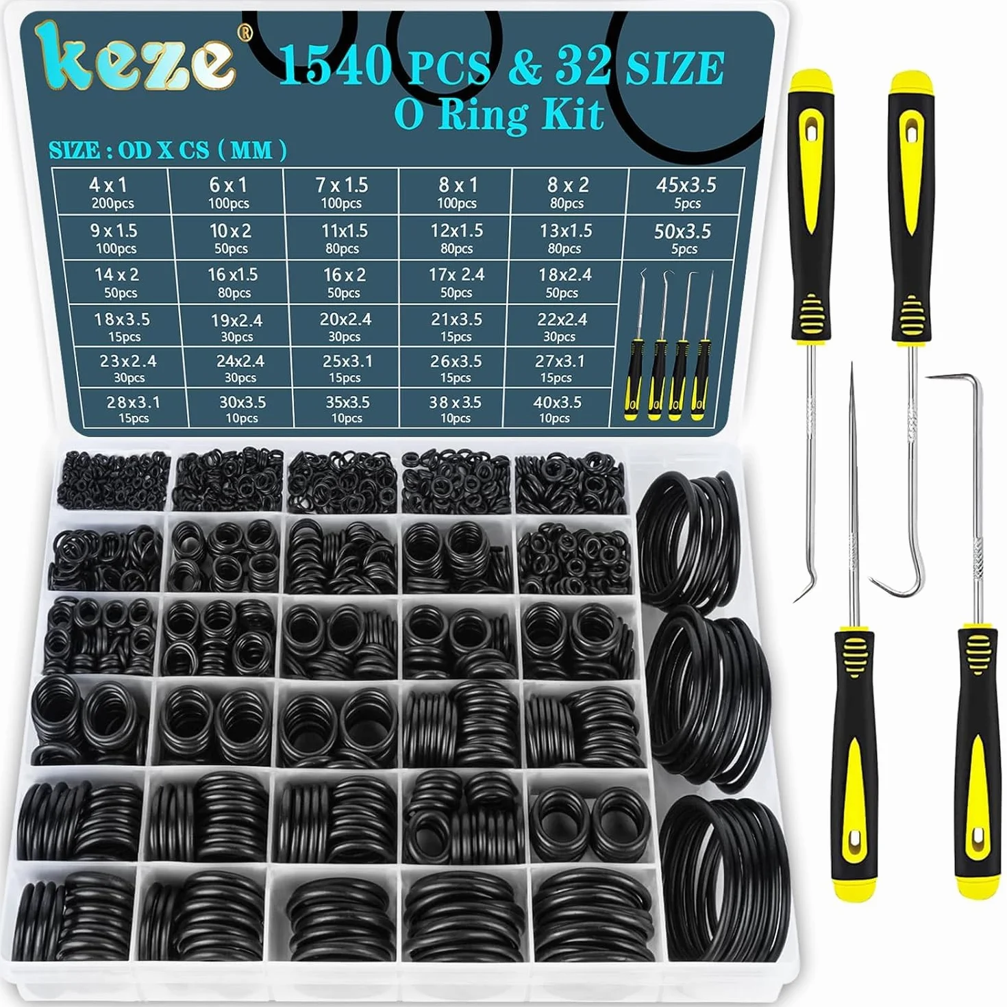 KEZE Juego de 1540 juntas tóricas de goma, 32 tamaños, OD 4-50 mm, para reparaciones de grifos, hidráulica y automóviles