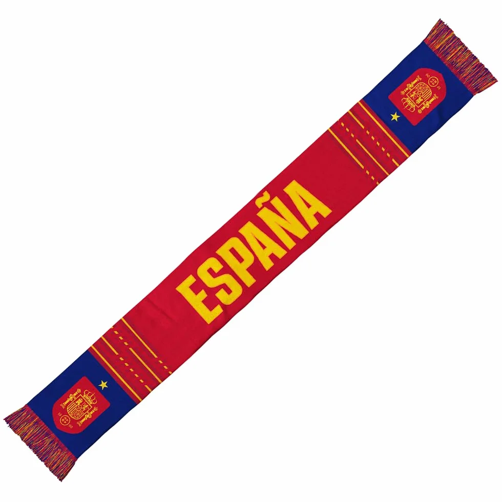 RFEF BUFANDA ESPAÑA 2026 – Bufanda Oficial de La Selección Española – Diseño Rojo con Bandas Azules, “ESPAÑA” en Amarillo, Escudo Flecos Multicolor