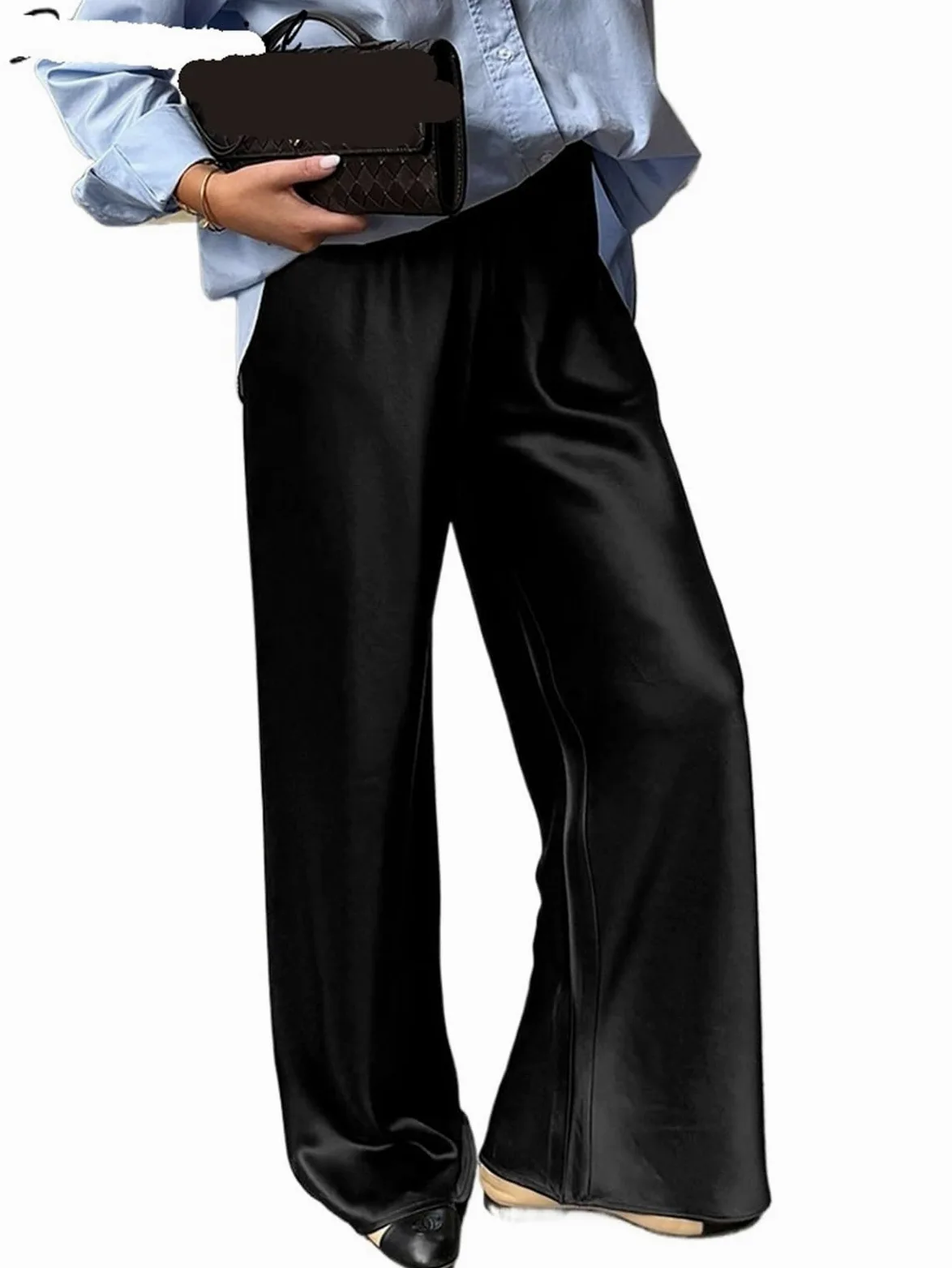 Pantalones Anchos de satén for Mujer, Pantalones con Bolsillos, Holgados Cintura Alta Negros y Marrones for