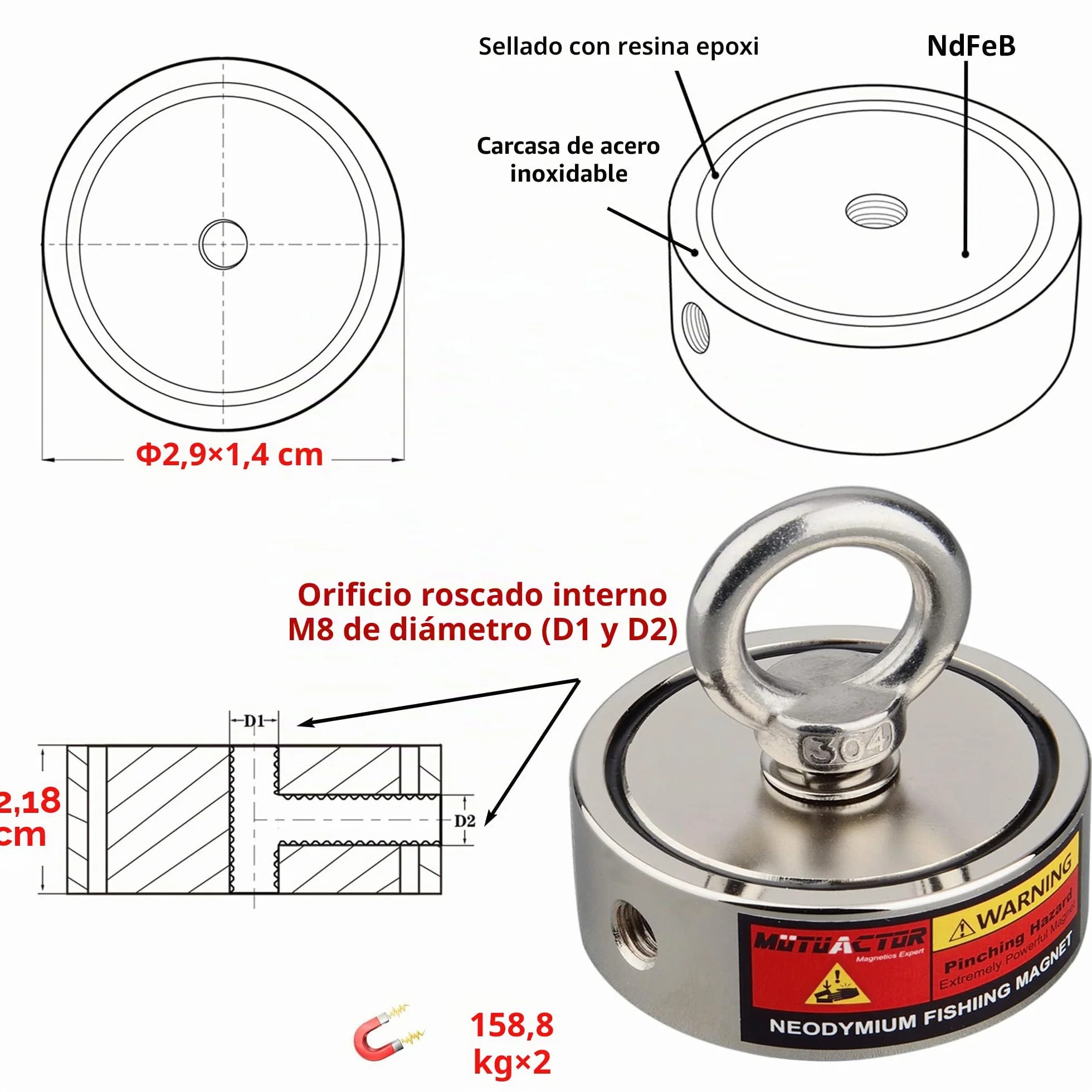 MUTUACTOR Iman de pesca neodimio N52 320 kg con cuerda 20 m para recuperacion magnetica