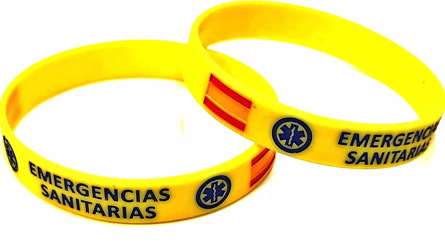 Pulsera de Goma de Silicona Gruesa Amarilla con Escudo y Bandera de Emergencias Sanitarias - 2 Unidades