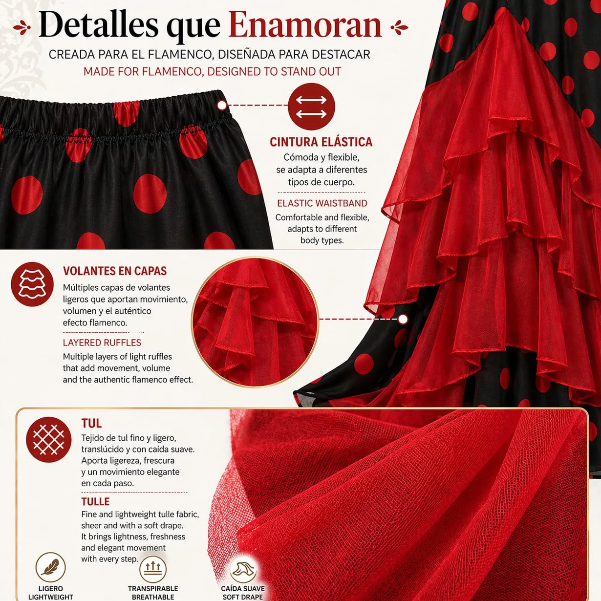 Carnavalife Falda Flamenca Baile sevillanas, Falda de Baile Flamenco, Volantes en Capas diseño asimétrico, Traje Feria, romería, espectáculo