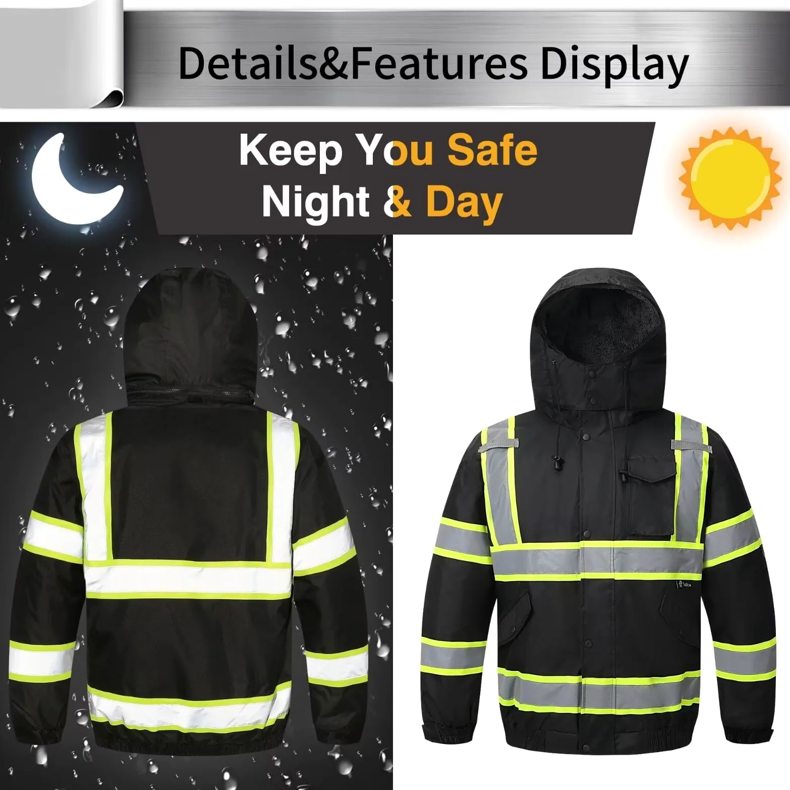 Sudadera con capucha de alta visibilidad para hombre, chamarra de seguridad reflectante con cierre para hombre y mujer, parka aislada para construcción y trabajo
