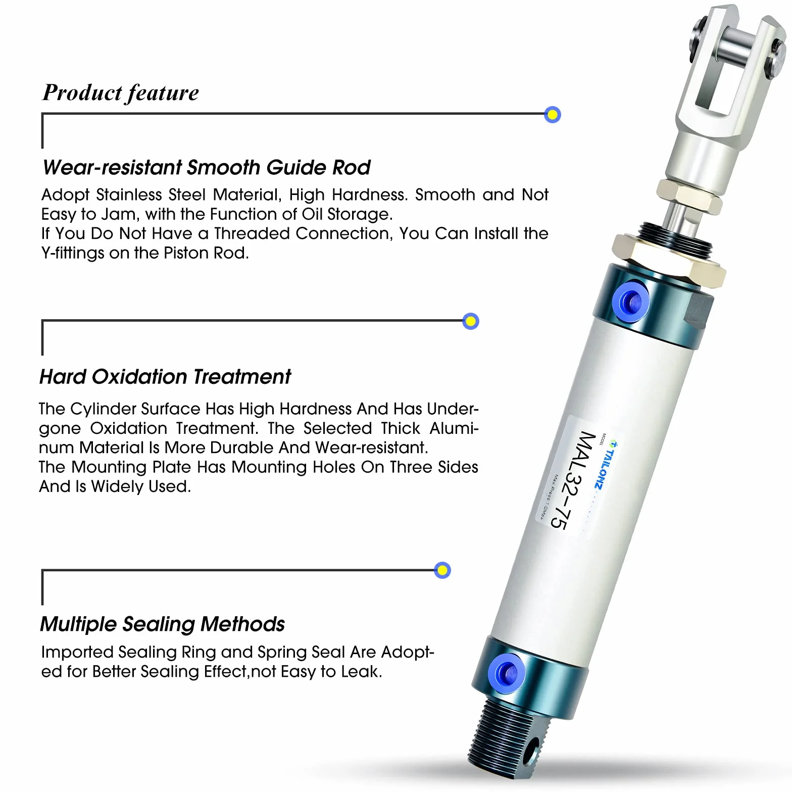 TAILONZ PNEUMATIC Cilindro neumático doble efecto 32 mm 75 mm carrera MAL32x75