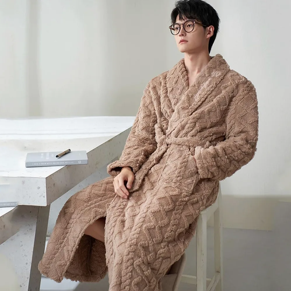 LEIYTFE Albornoz De Noche para Hombre,Albornoz De Baño Bata Invierno Cálido Pijama Casa Abrigo con Bolsillo Y Cinturón Albornoz Largo De Hotel SPA(Bruin,XXL)