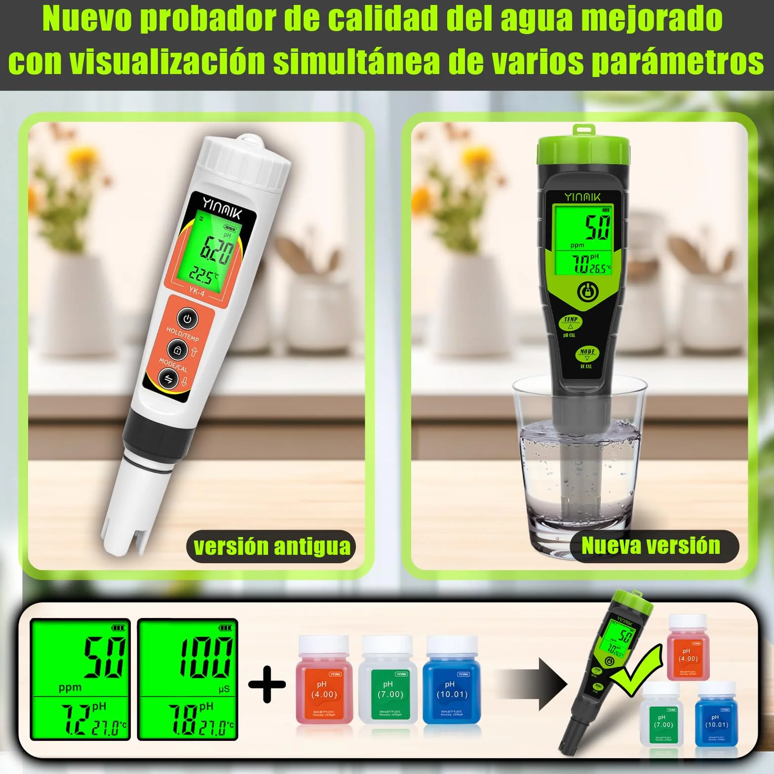 YINMIK Medidor de pH y TDS Digital 4 en 1, Probador de pH PPM Conductividad con Solución de Calibración para Piscina Agua Potable