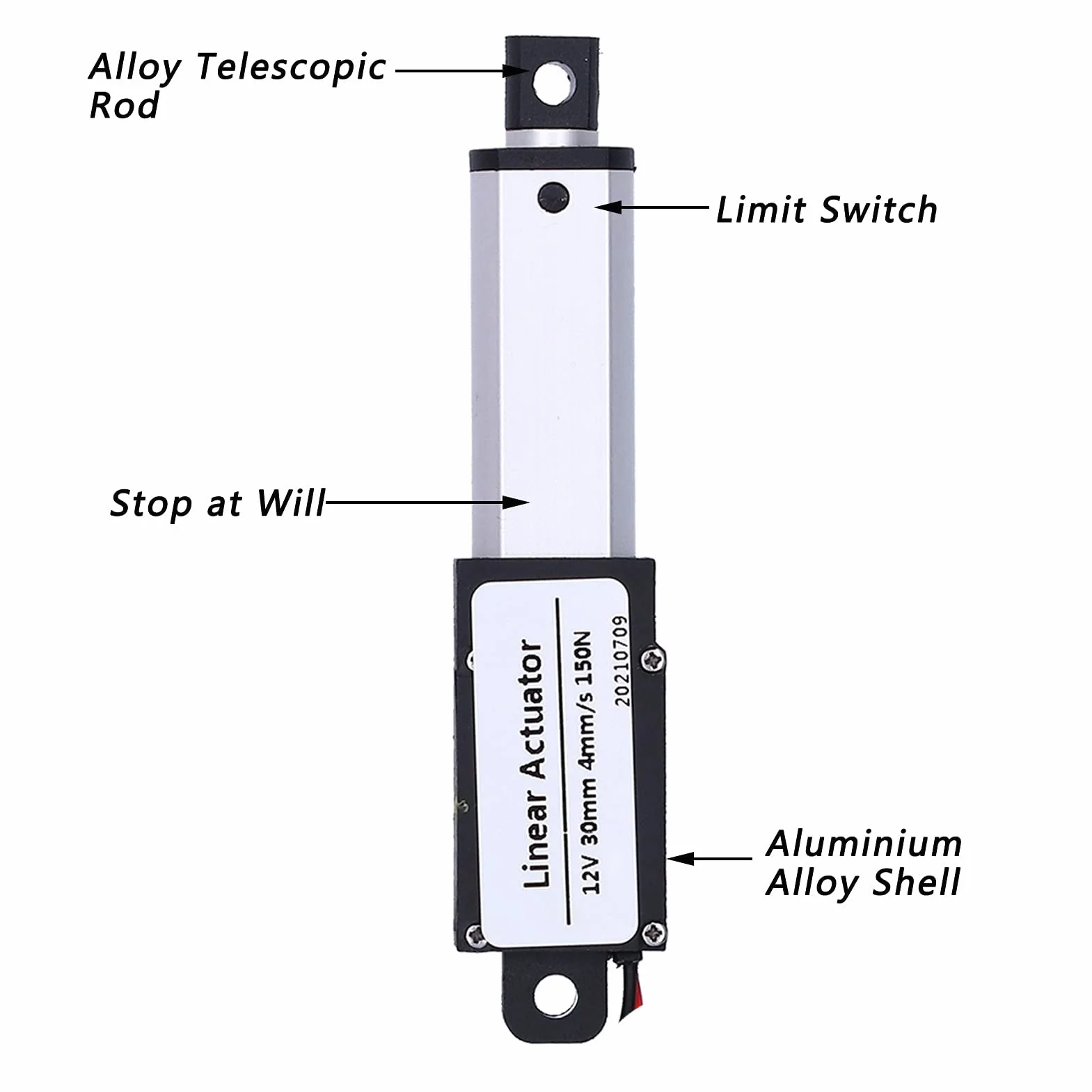 Actuador Lineal Eléctrico DC 12V 30mm 150N 4mm/s Impermeable