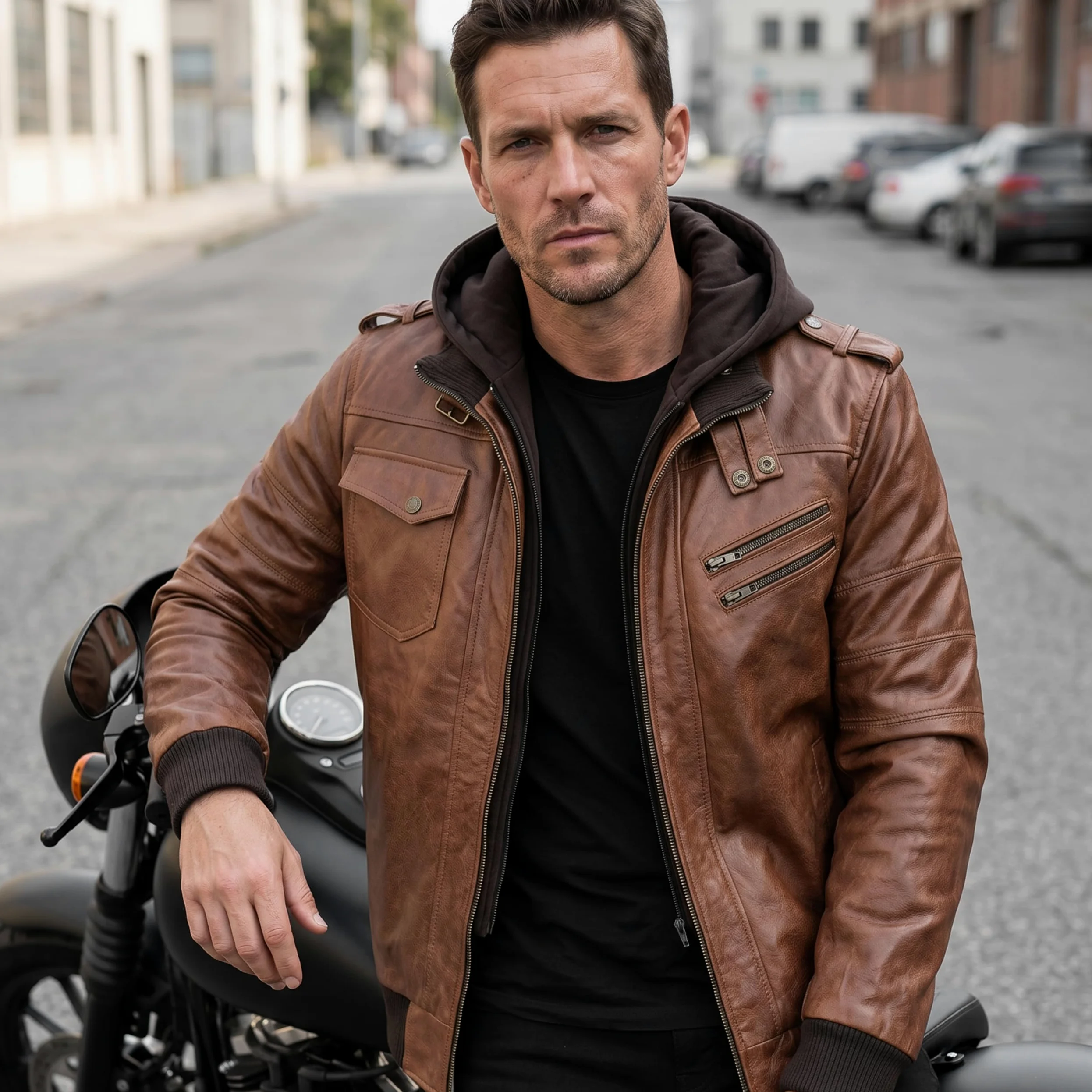 Leatherick Chaqueta de cuero Buffalo: capucha de forro polar extraíble, 7 bolsillos funcionales y cierre frontal con cremallera.